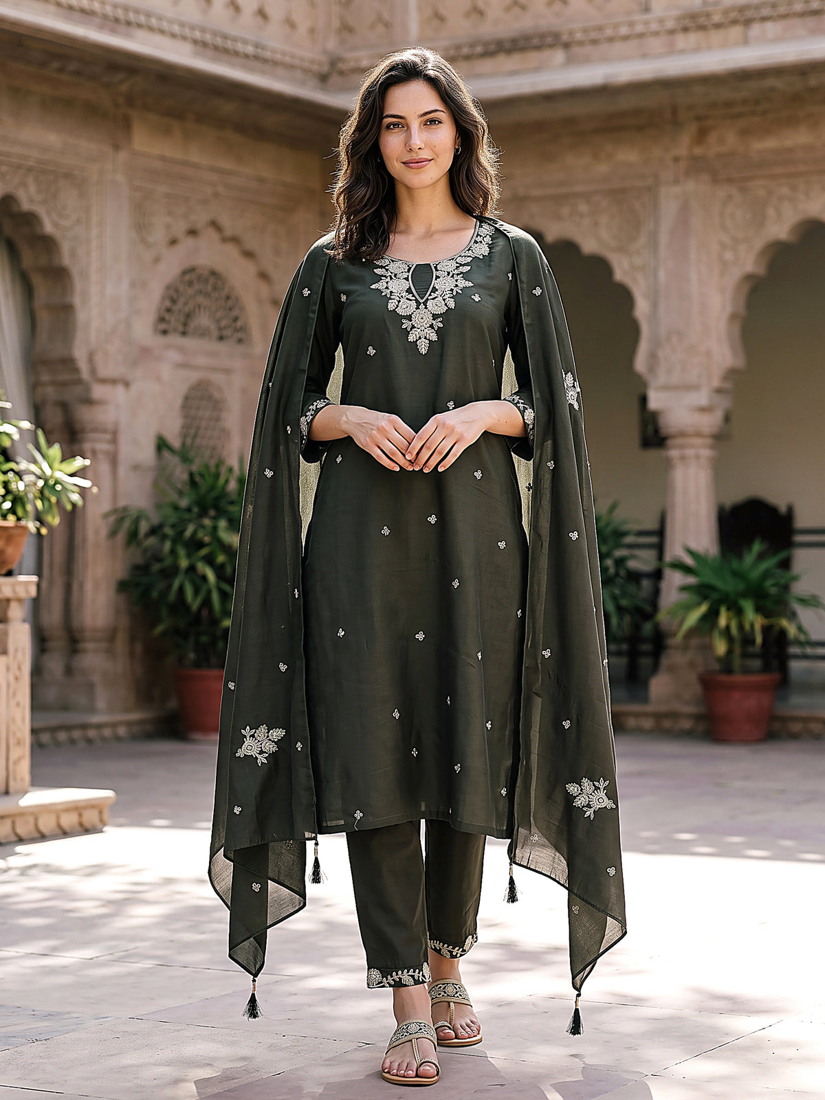 Zoya Women’s Olive Green Embroidered Kurta Set with Matching Pants & Sheer Dupatta