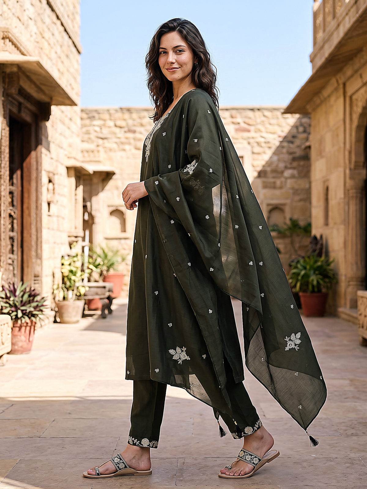 Zoya Women’s Olive Green Embroidered Kurta Set with Matching Pants & Sheer Dupatta