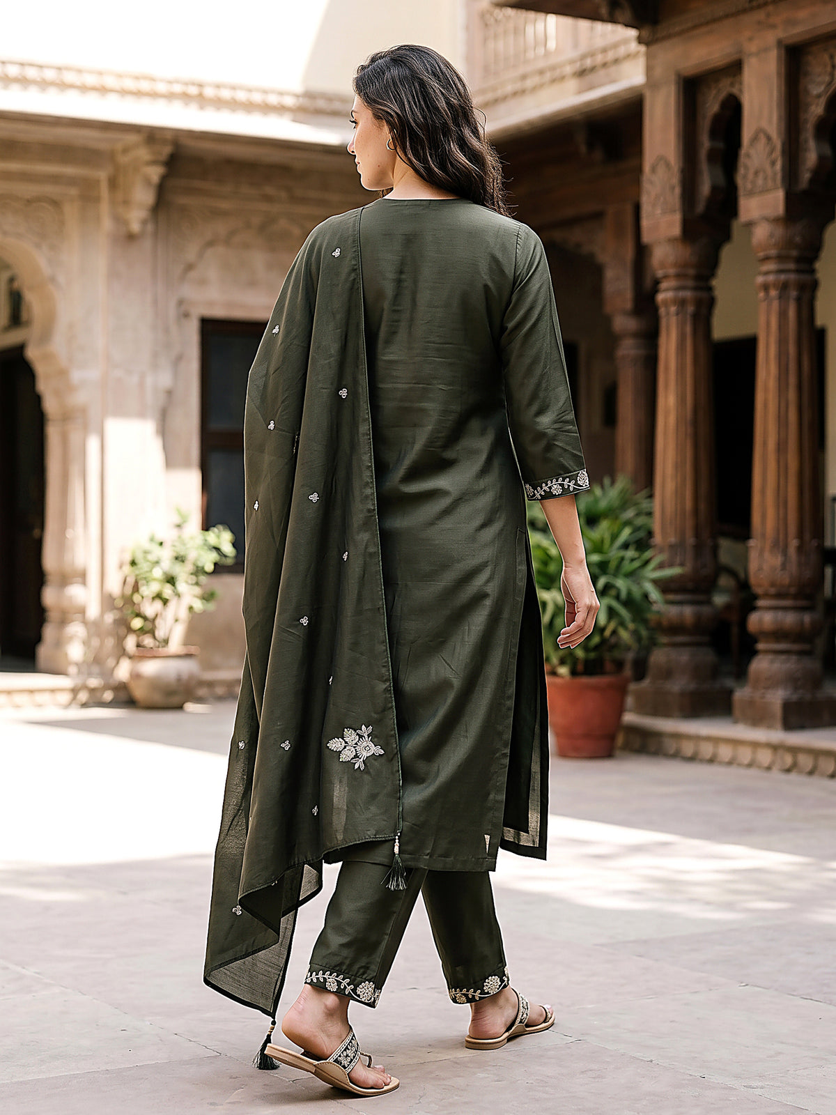 Zoya Women’s Olive Green Embroidered Kurta Set with Matching Pants & Sheer Dupatta