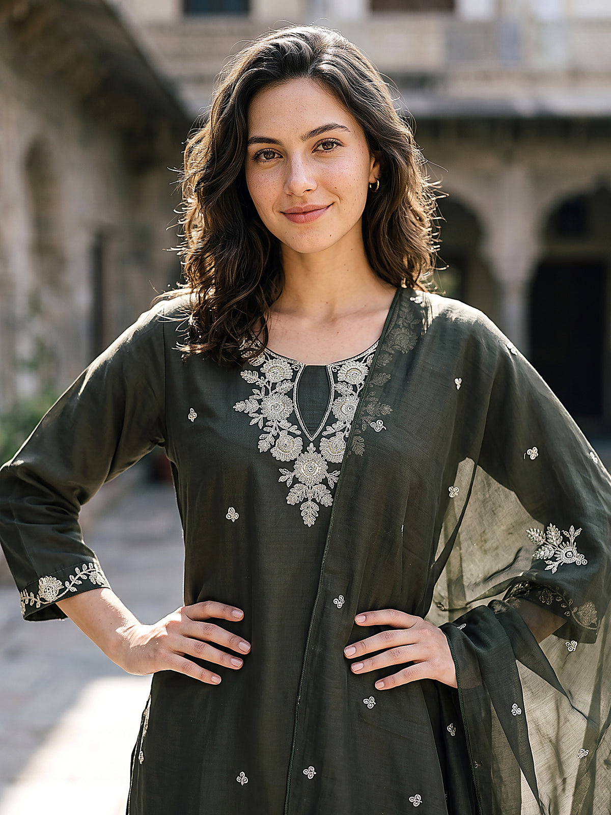 Zoya Women’s Olive Green Embroidered Kurta Set with Matching Pants & Sheer Dupatta