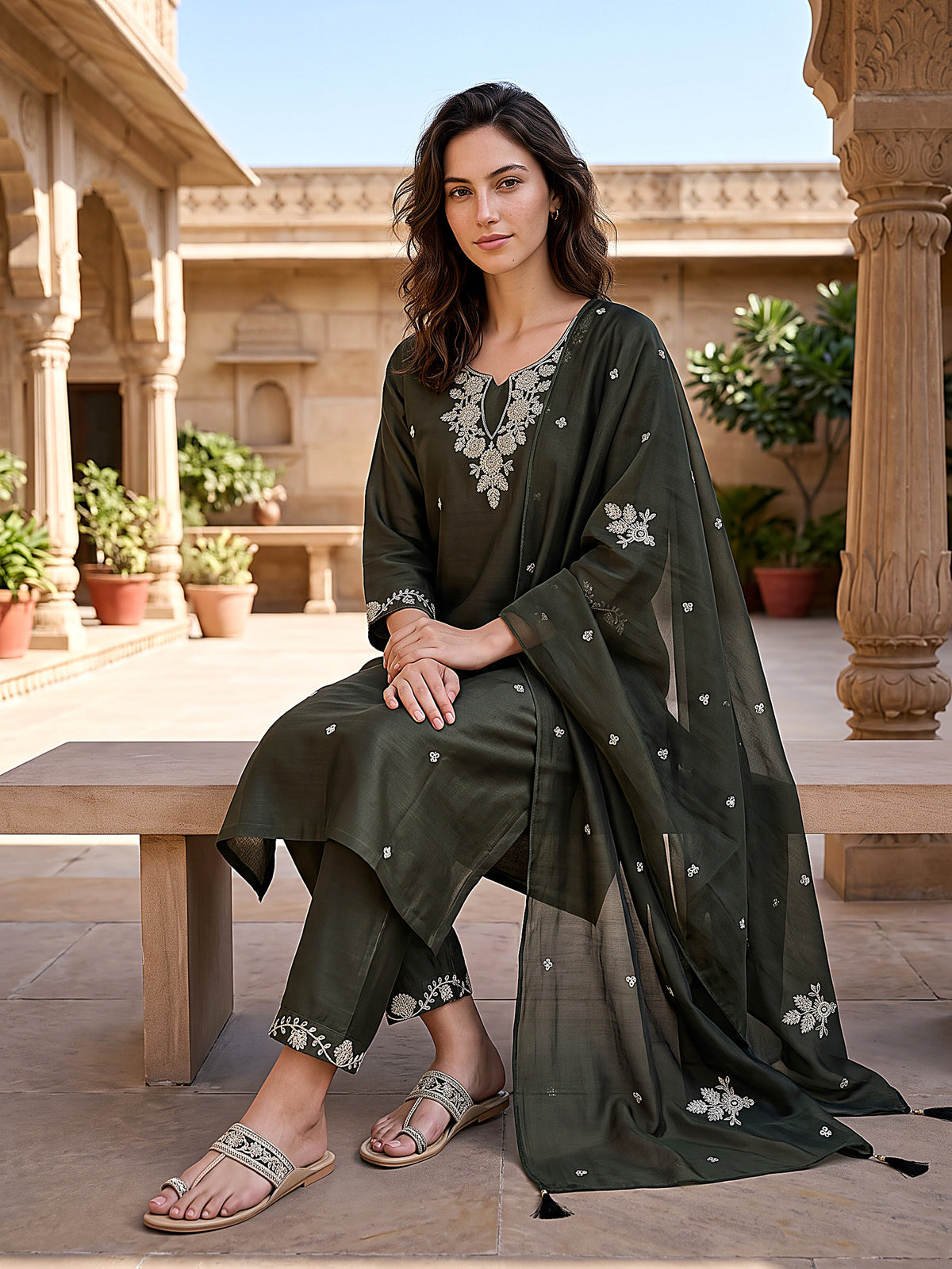 Zoya Women’s Olive Green Embroidered Kurta Set with Matching Pants & Sheer Dupatta