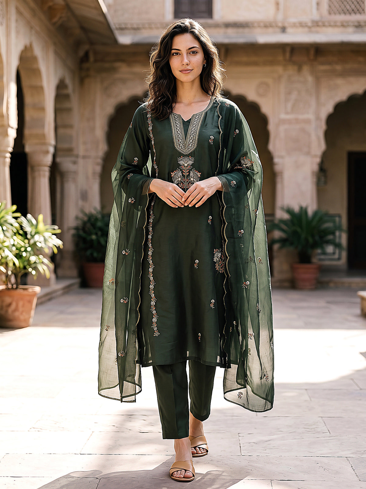 Inaya Women’s Dark Green Embroidered Kurta Set with Matching Pants & Sheer Dupatta