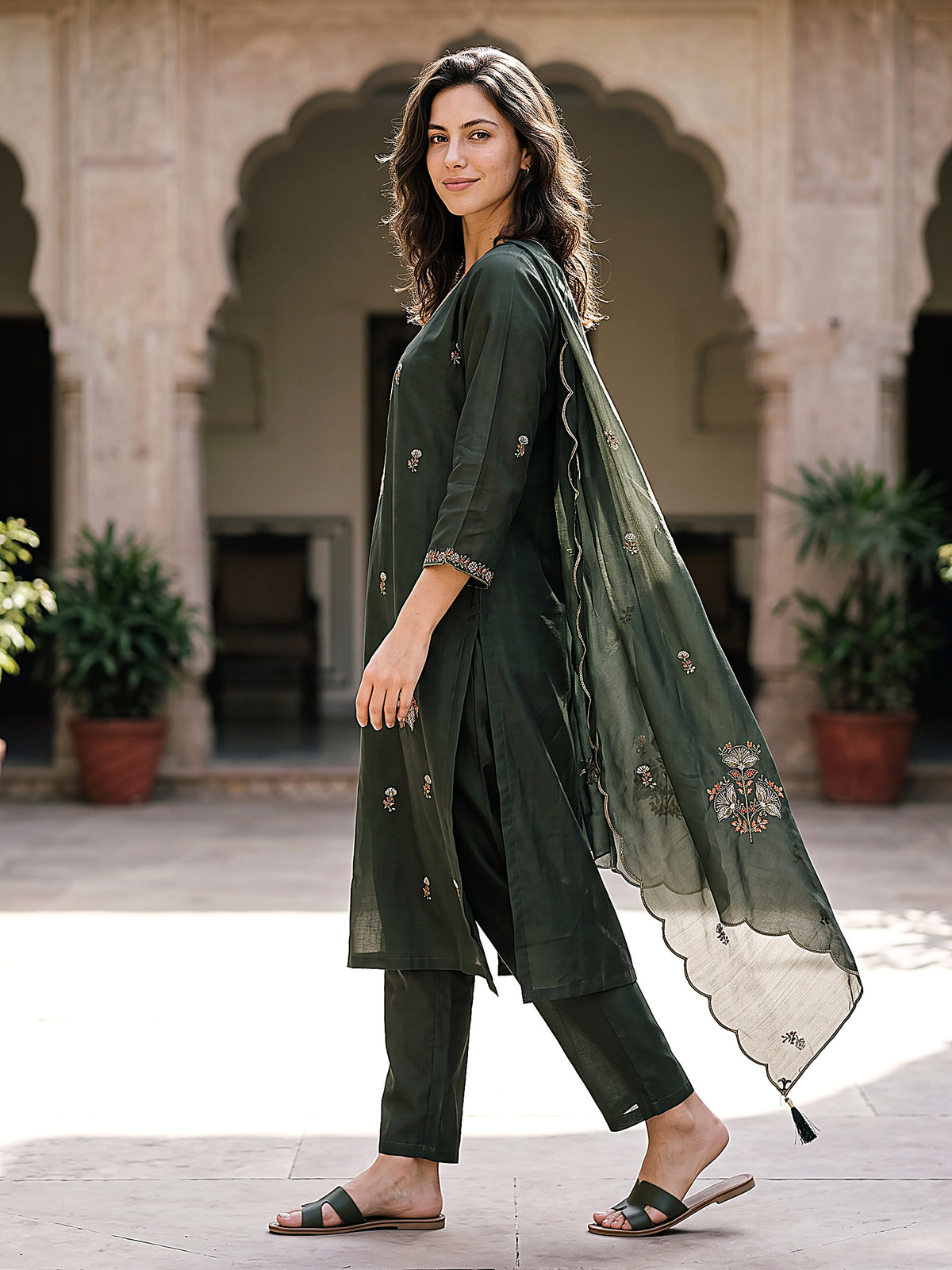Inaya Women’s Dark Green Embroidered Kurta Set with Matching Pants & Sheer Dupatta