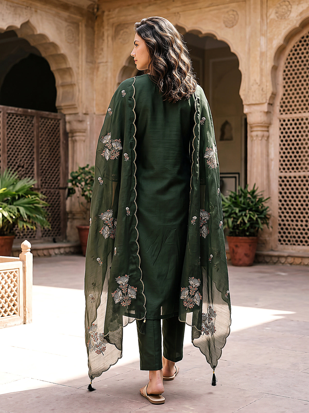 Inaya Women’s Dark Green Embroidered Kurta Set with Matching Pants & Sheer Dupatta