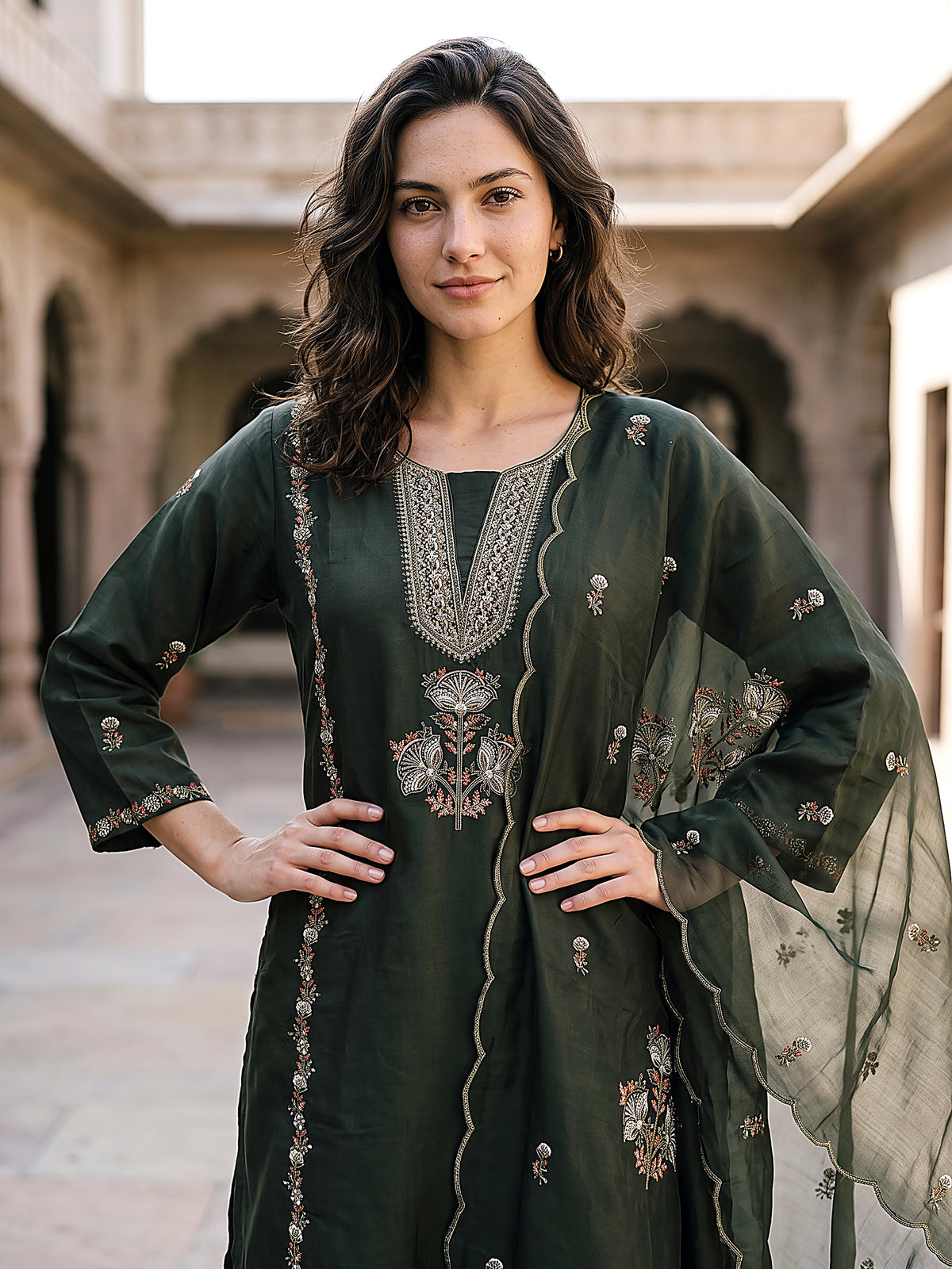 Inaya Women’s Dark Green Embroidered Kurta Set with Matching Pants & Sheer Dupatta