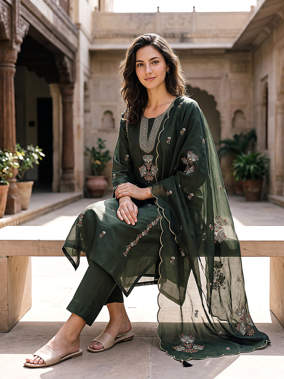 Inaya Women’s Dark Green Embroidered Kurta Set with Matching Pants & Sheer Dupatta