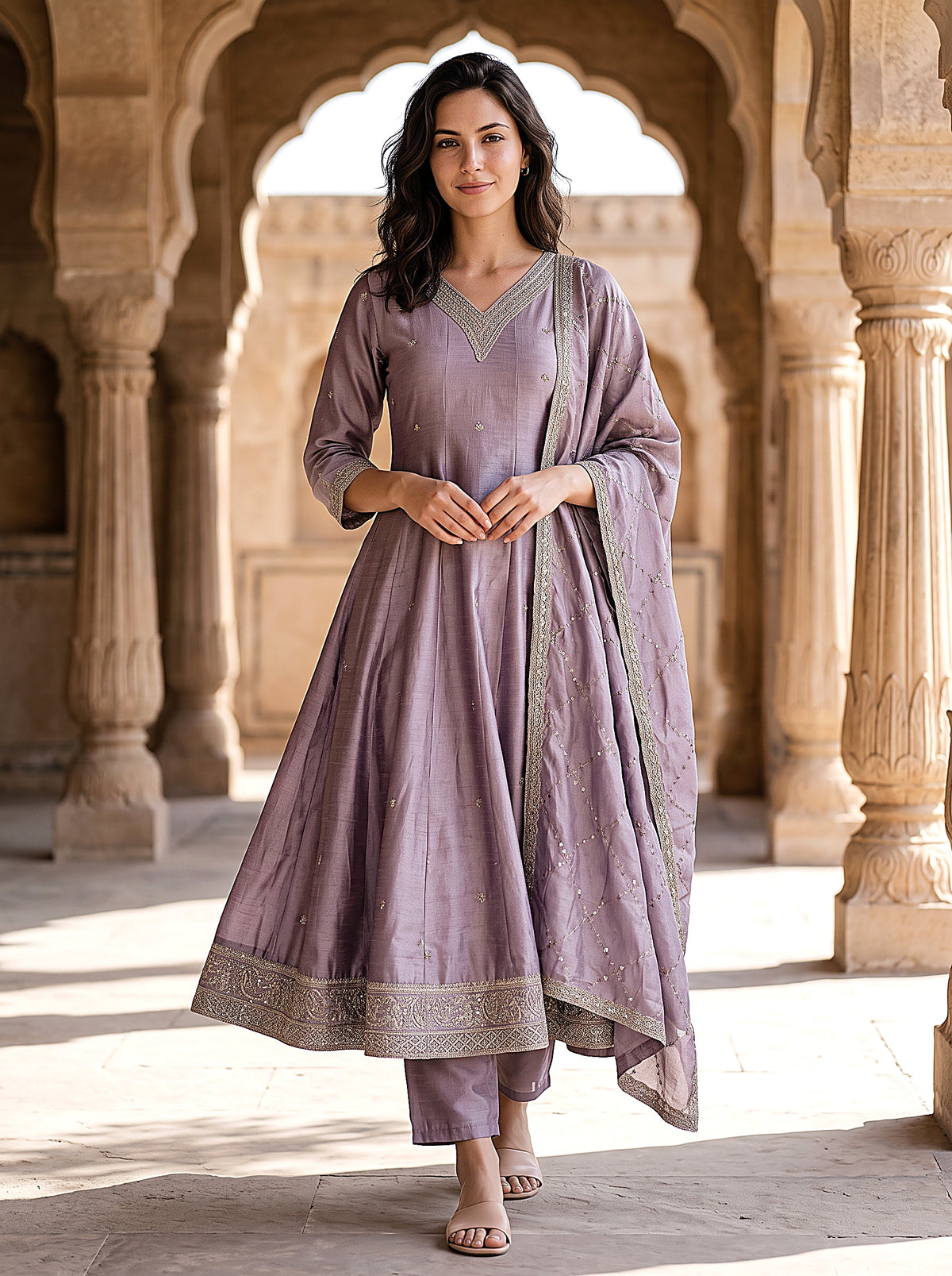 Lavanya Women’s Lavender Embroidered Anarkali Suit Set with Matching Pants & Dupatta