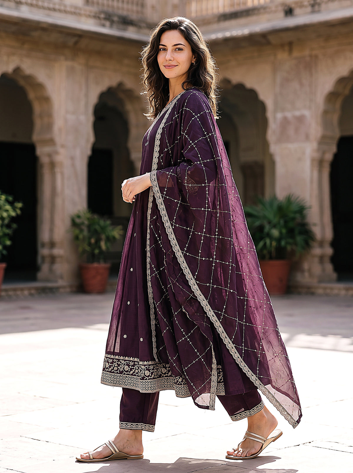 Mahira Women’s Purple Embroidered Anarkali Suit Set with Matching Pants & Net Dupatta