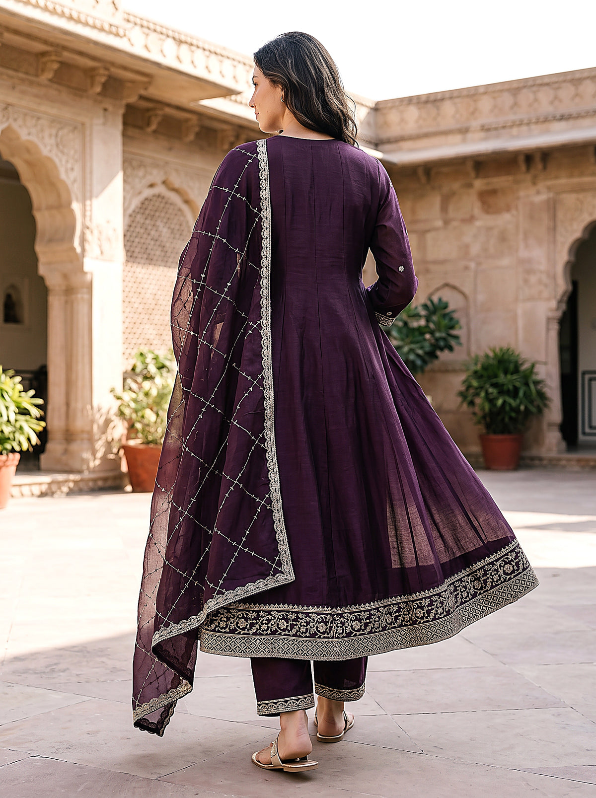 Mahira Women’s Purple Embroidered Anarkali Suit Set with Matching Pants & Net Dupatta