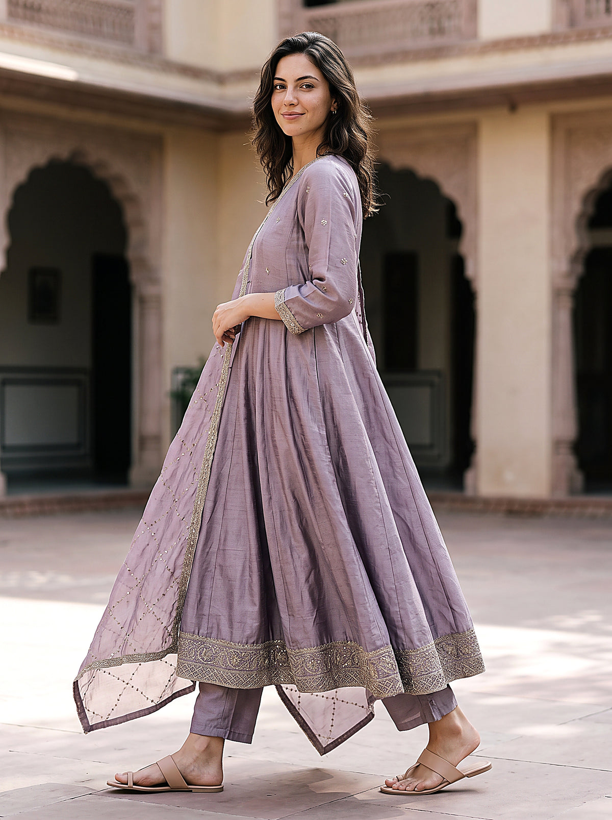 Lavanya Women’s Lavender Embroidered Anarkali Suit Set with Matching Pants & Dupatta