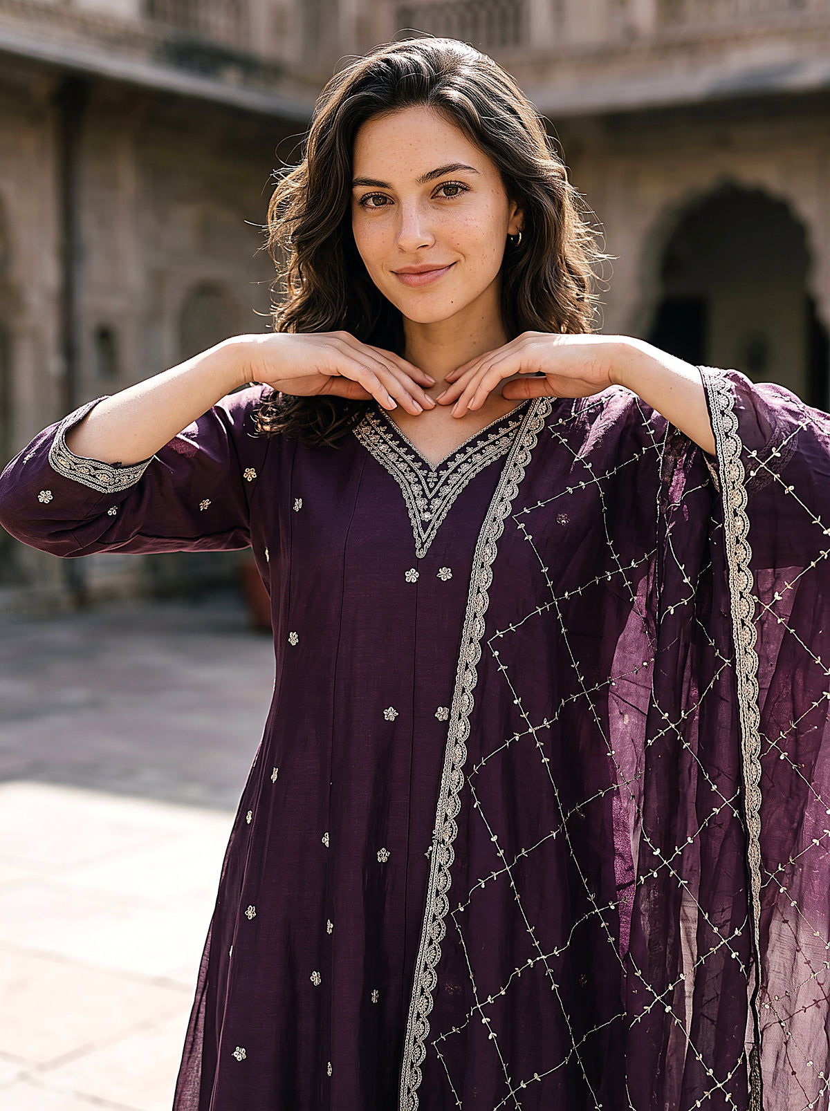 Mahira Women’s Purple Embroidered Anarkali Suit Set with Matching Pants & Net Dupatta
