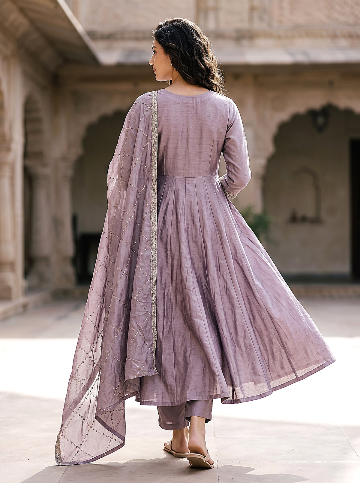 Lavanya Women’s Lavender Embroidered Anarkali Suit Set with Matching Pants & Dupatta