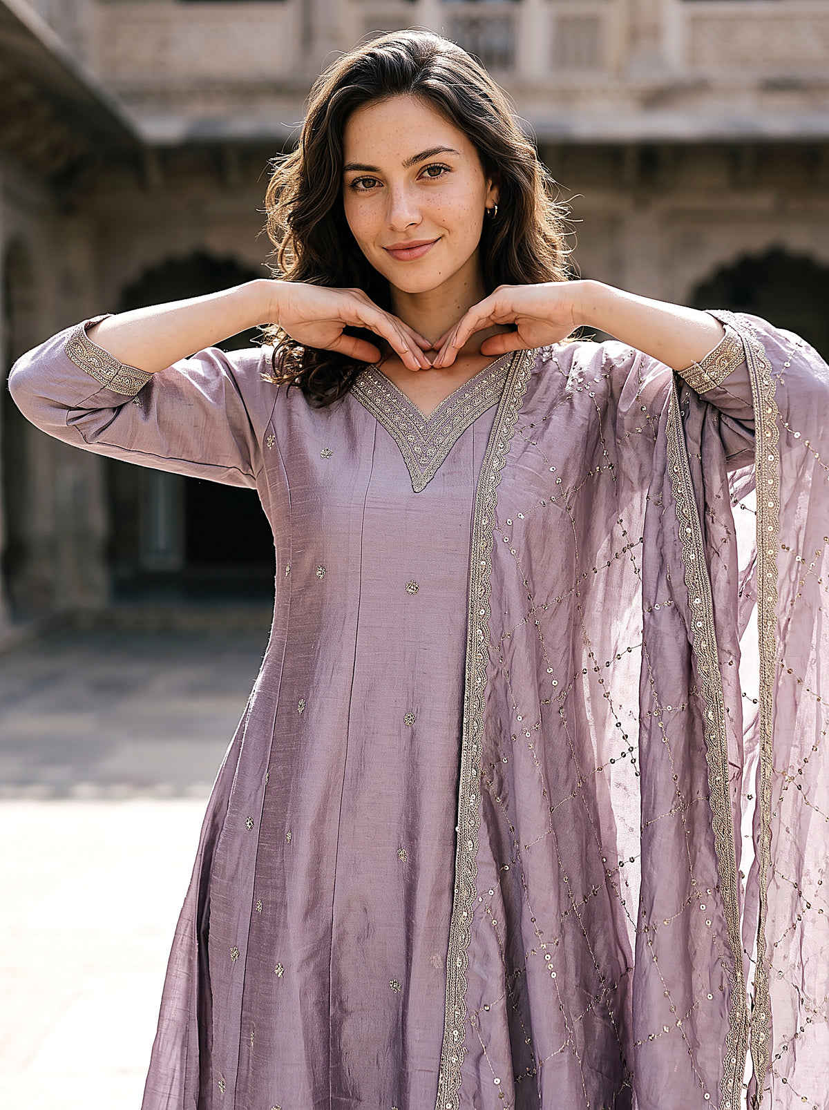 Lavanya Women’s Lavender Embroidered Anarkali Suit Set with Matching Pants & Dupatta
