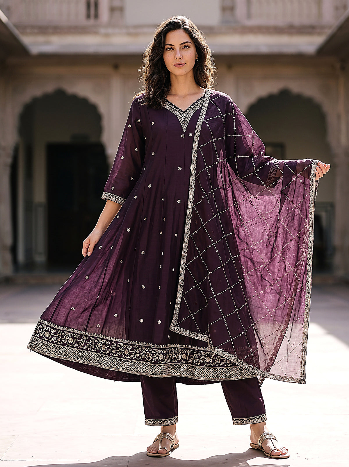 Mahira Women’s Purple Embroidered Anarkali Suit Set with Matching Pants & Net Dupatta