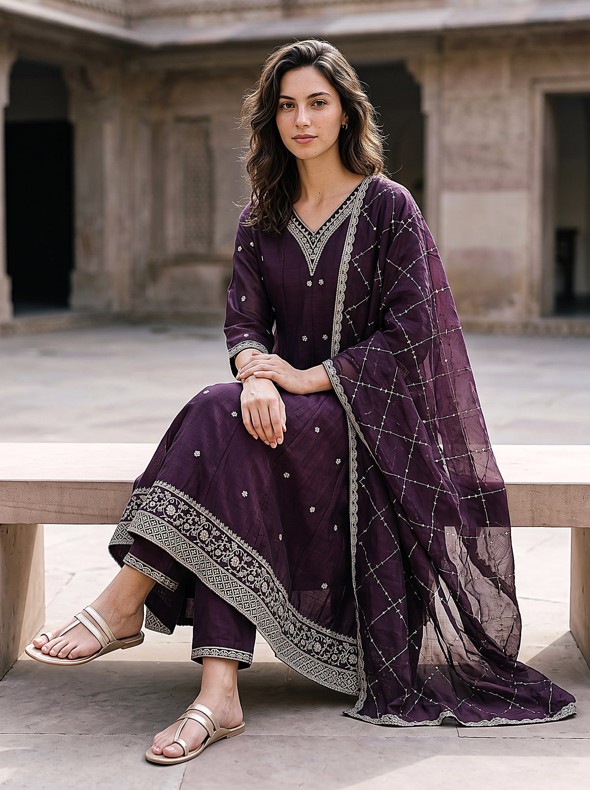 Mahira Women’s Purple Embroidered Anarkali Suit Set with Matching Pants & Net Dupatta