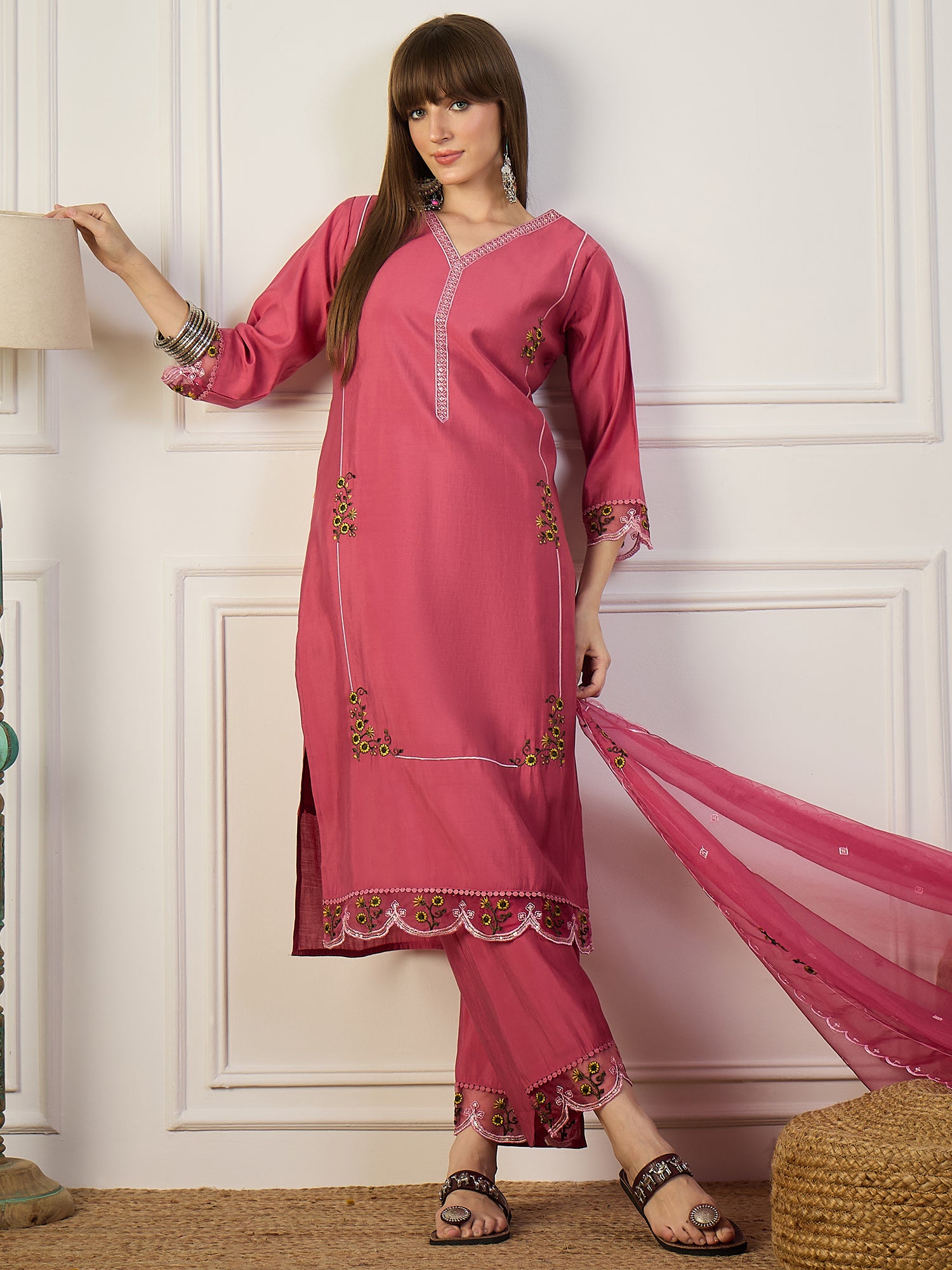 Kalki Pink Floral Embroidered Straight Kurta With Trouser And Dupatta