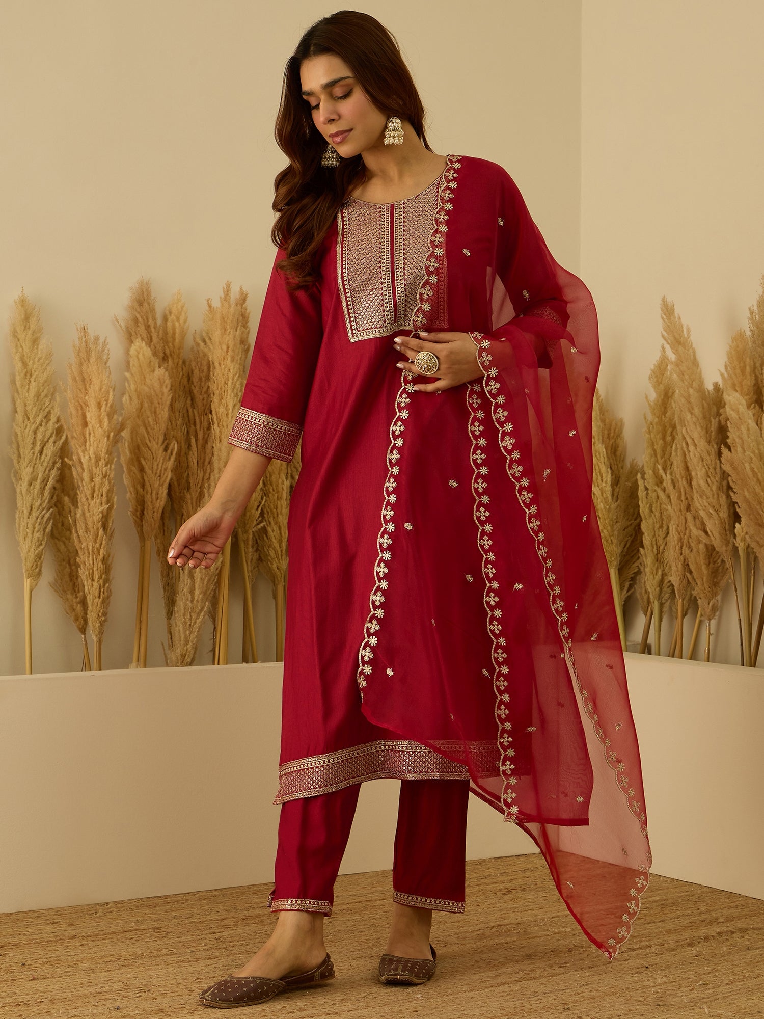 VredeVogel Red Viscose Rayon Embroidered with Sequins Straight Kurta Set with Trousers & Dupatta