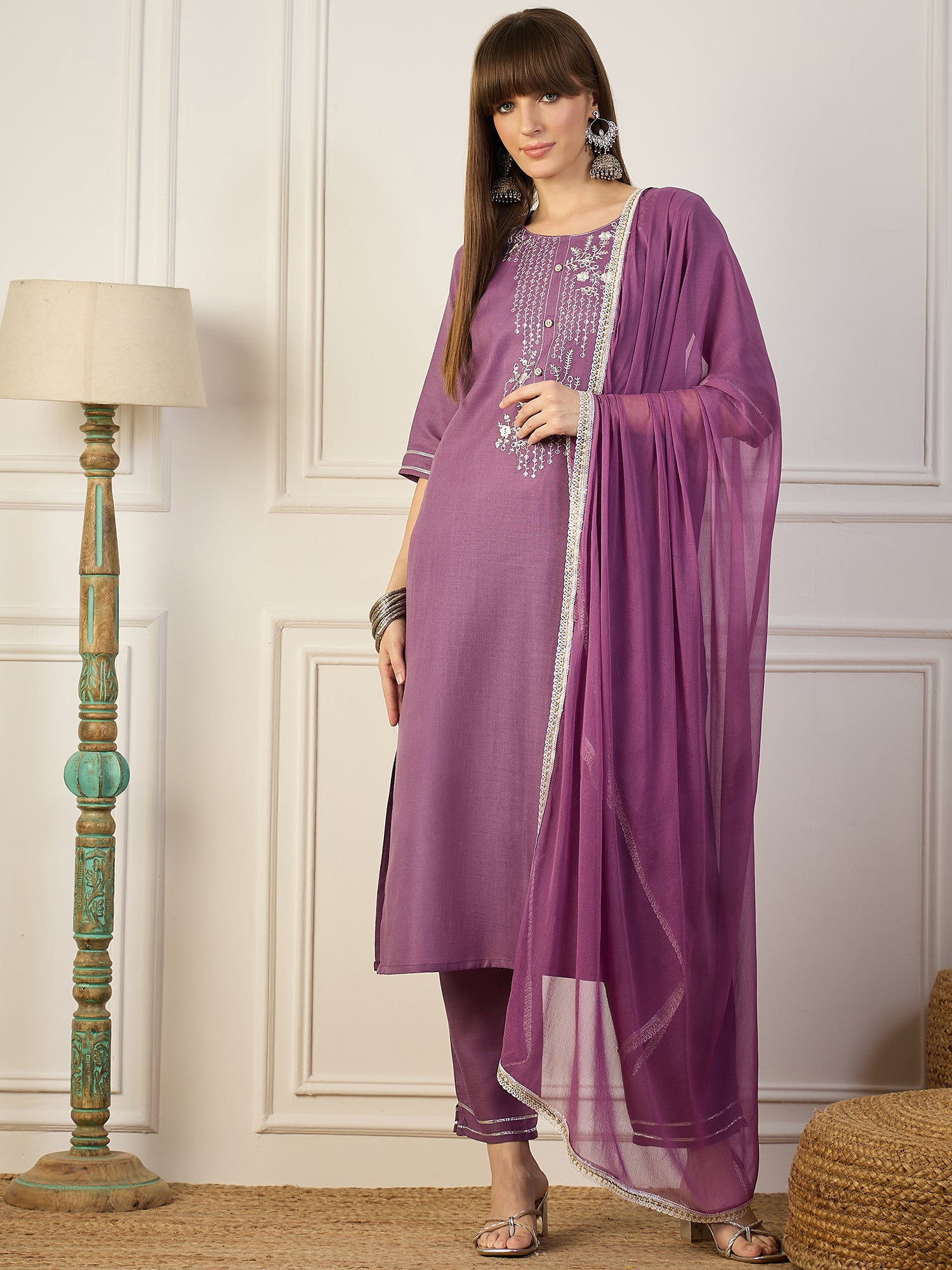 Shanti Lavender Women Kurta and Pant Sets Cotton Blend Fabric