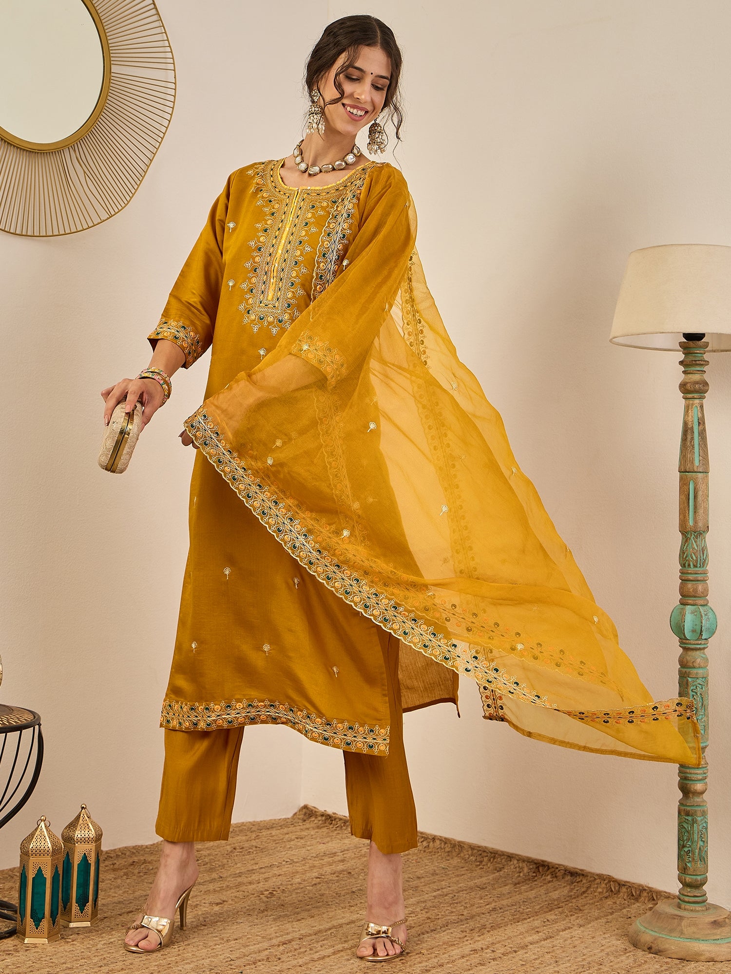 Varnita Women's Embroidered Silk Blend Calf Length Straight Kurta Trouser with Dupatta Set