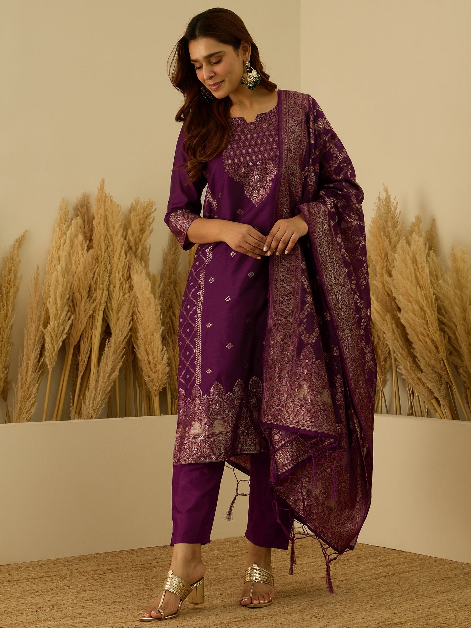 Aarambh Purple Women's Silk Blend Banarasi Jacquard Zari Woven Straight Kurta Pant with Dupatta Set
