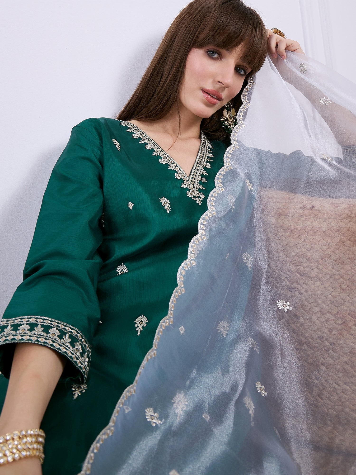 Triveni Silk Blend Kurta and Trouser Set with Organza Dupatta