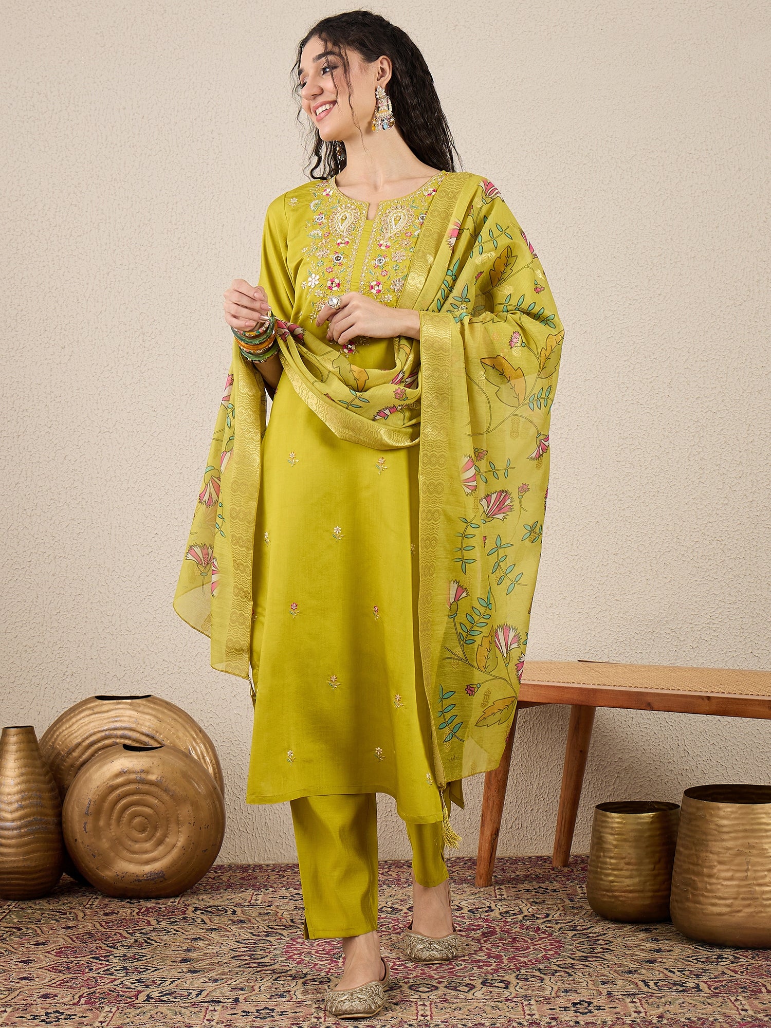 Nazakat Parrot green Kurta and Pant Dupatta Set