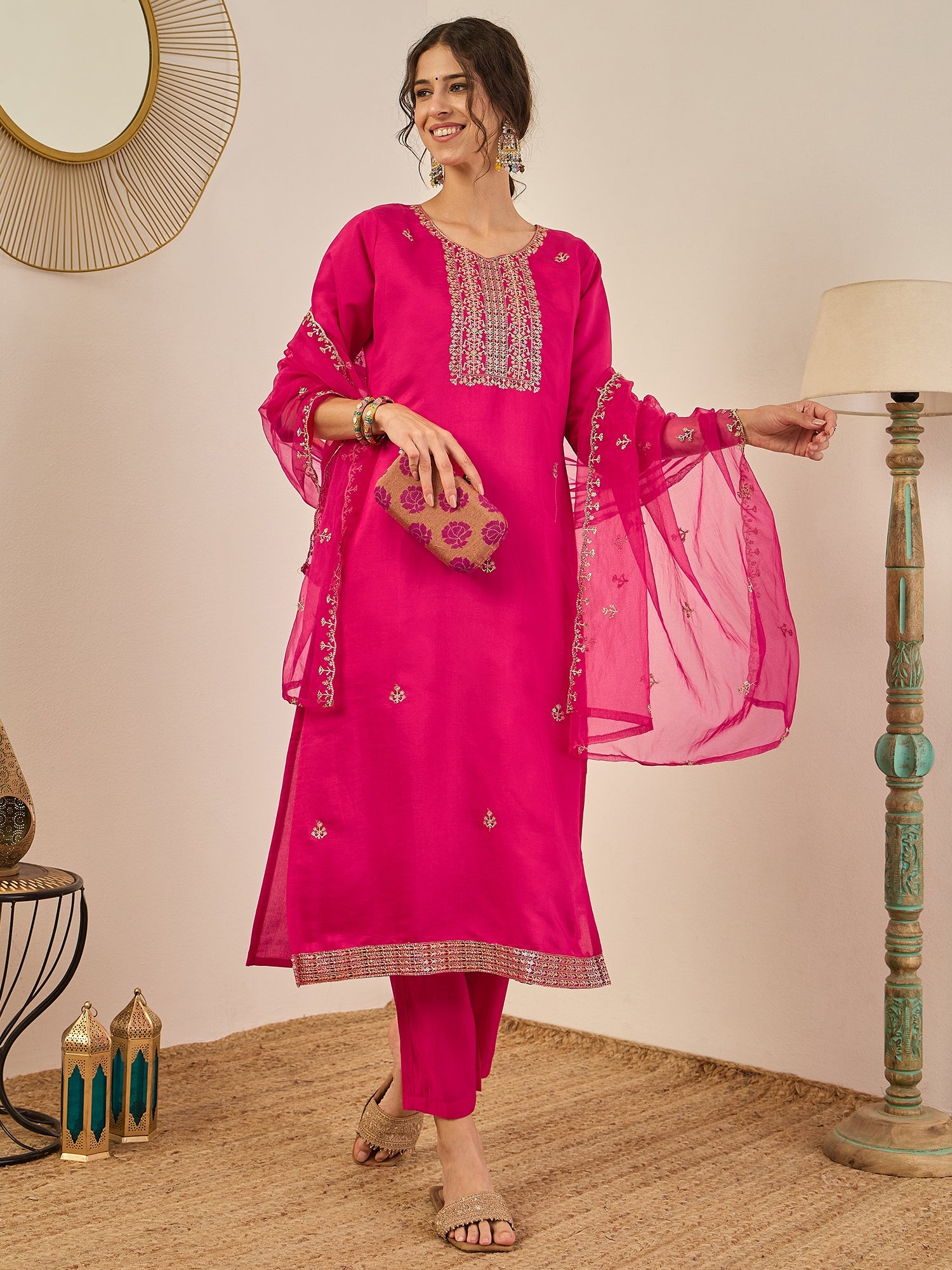 Vedhika Women's Embroidered Silk Blend Calf Length Straight Kurta Trouser with Dupatta Set