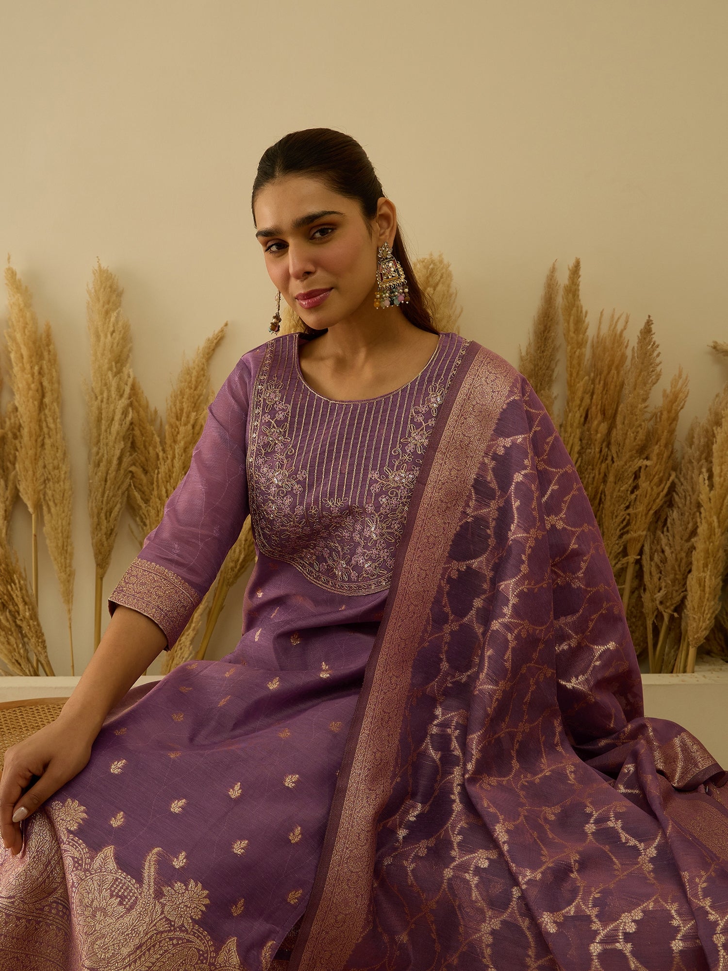 VredeVogel Purple Silk Blend Embroidered with Sequins Straight Kurta Set with Trousers & Dupatta
