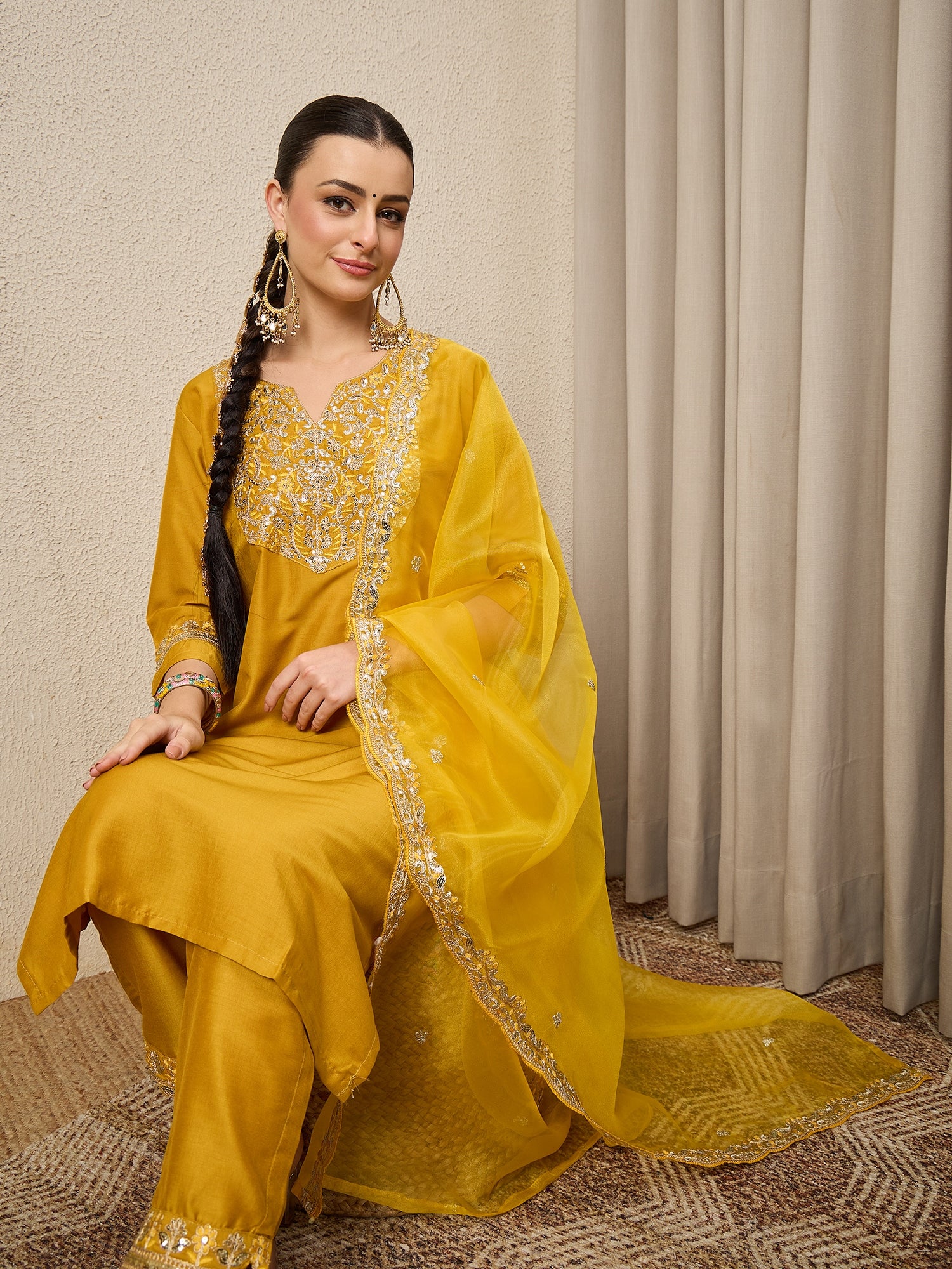 Riwaayat Yellow Yoke Design Silk Blend Straight Suit With Dupatta
