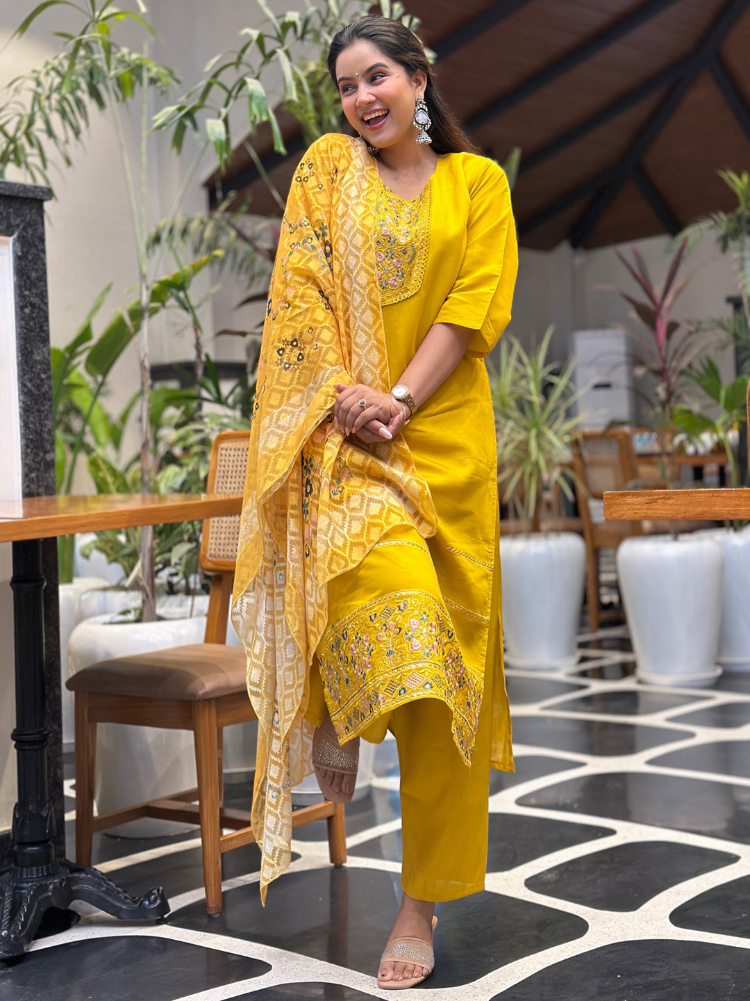 Tivra Yellow Women Kurta and Pant Dupatta Sets Silk Fabrics with Embroidery