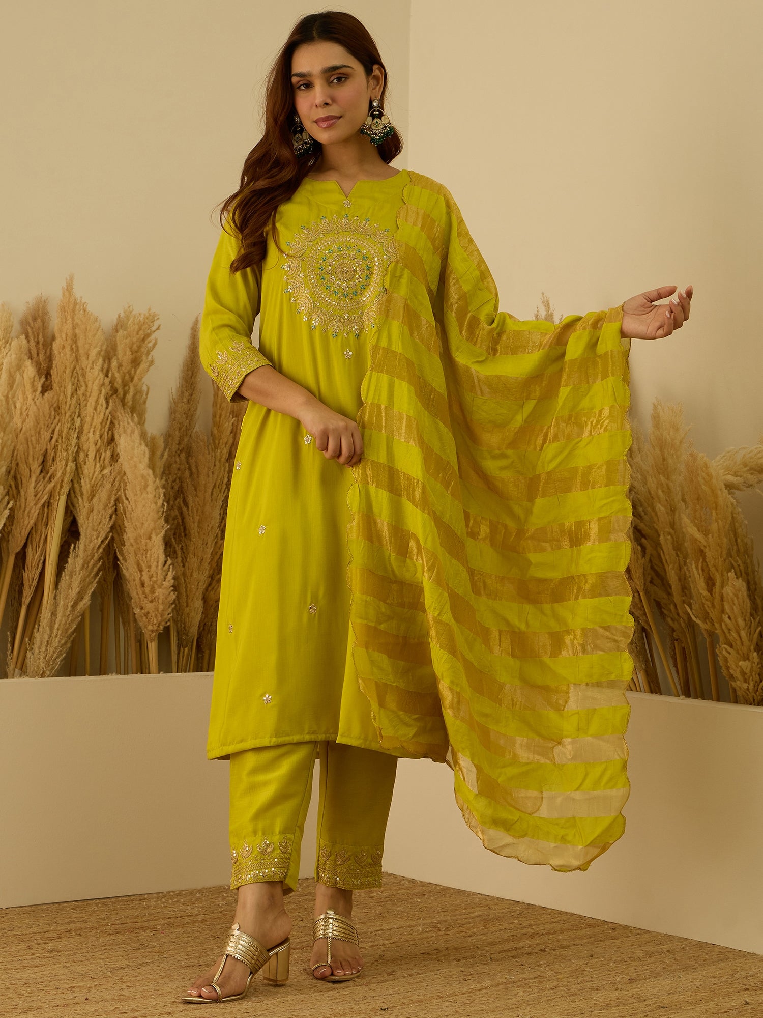 VredeVogel Lemon Women Kurta and Pant Dupatta Sets Chanderi Silk Fabrics with Embroidery