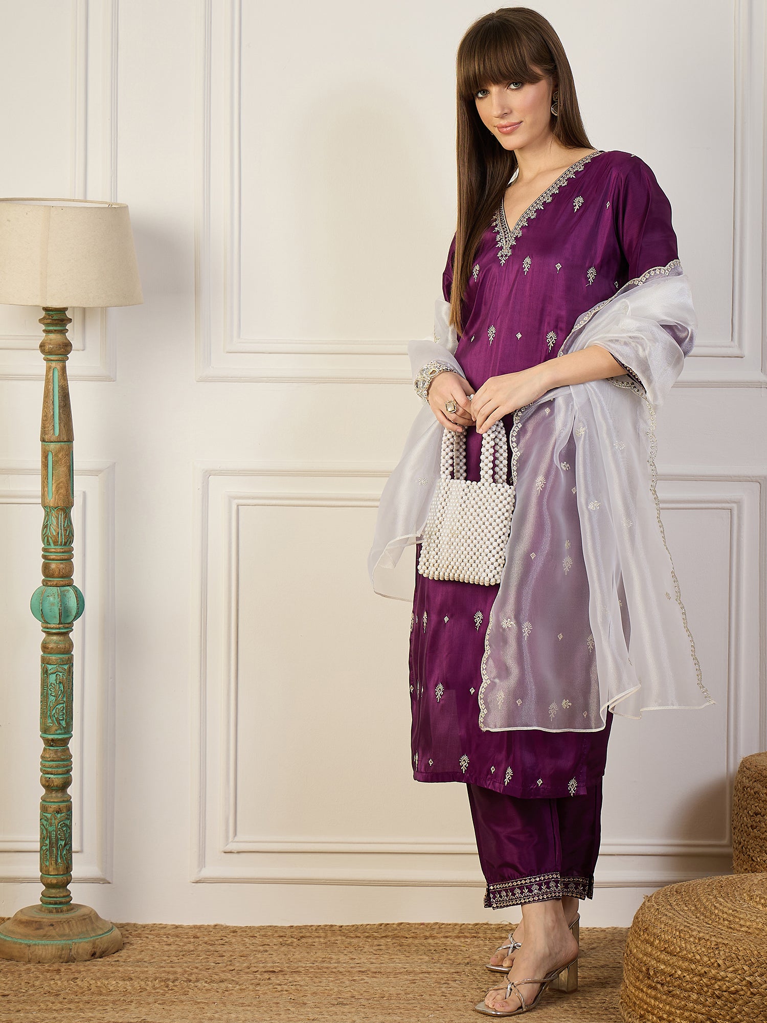 Saanjh Purple Silk Blend Kurta and Trouser Set with Organza Dupatta