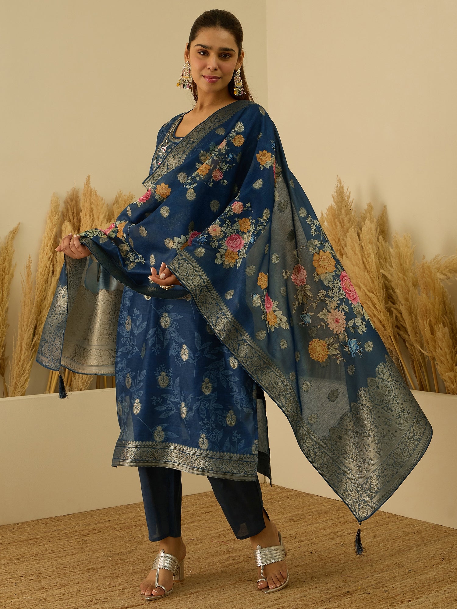 VredeVogel Teal Silk Blend Embroidered Straight Kurta Set with Trousers & Dupatta