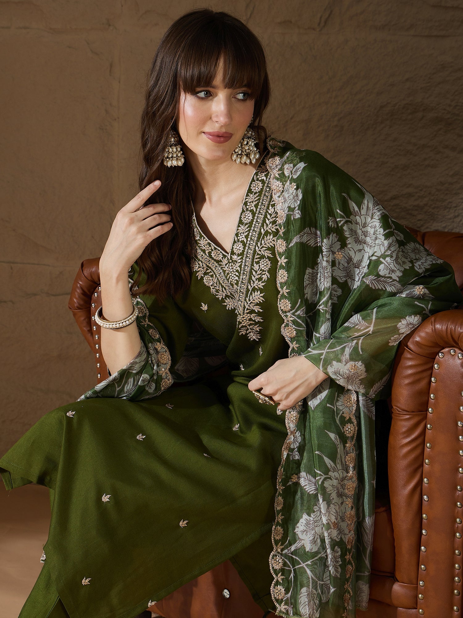 Chitra Charm Mehndi Yoke Design Silk Blend Straight Suit With Dupatta