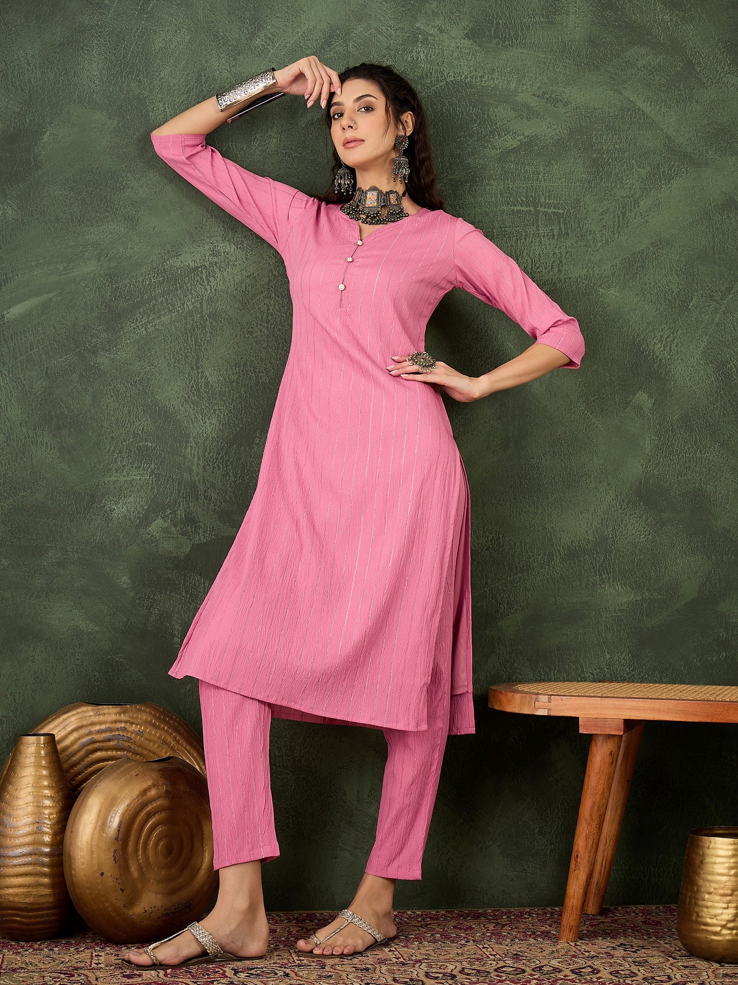 Samara Women's Office, Festive Wear Pink Straight Kurta & Pant, Co-ord Set