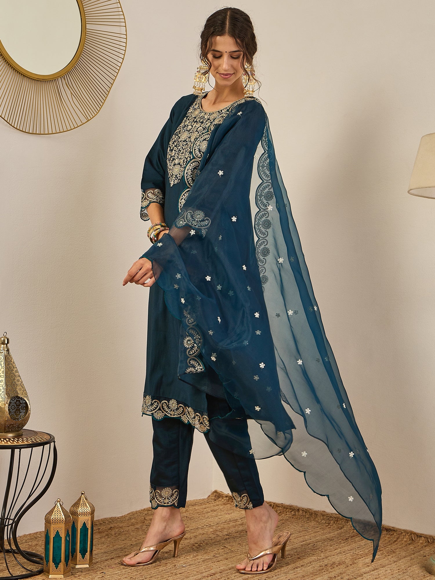 Sugandh Women’s Designer Embroidered Kurta Set – Festive Ethnic Wear with Organza Dupatta