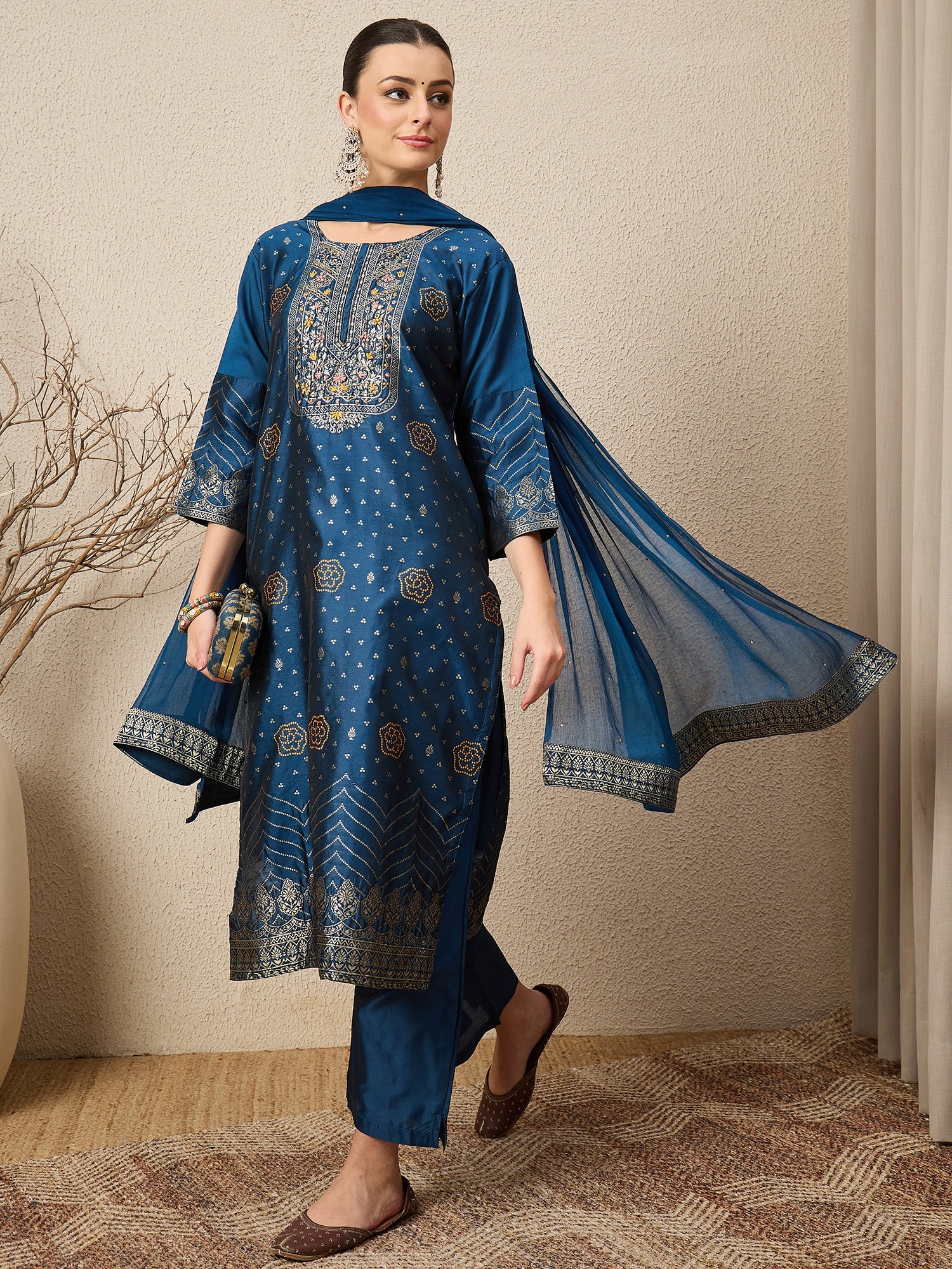 Gulzaar N-blue Women Cotton Silk Blend Straight Suit Set with Handwork