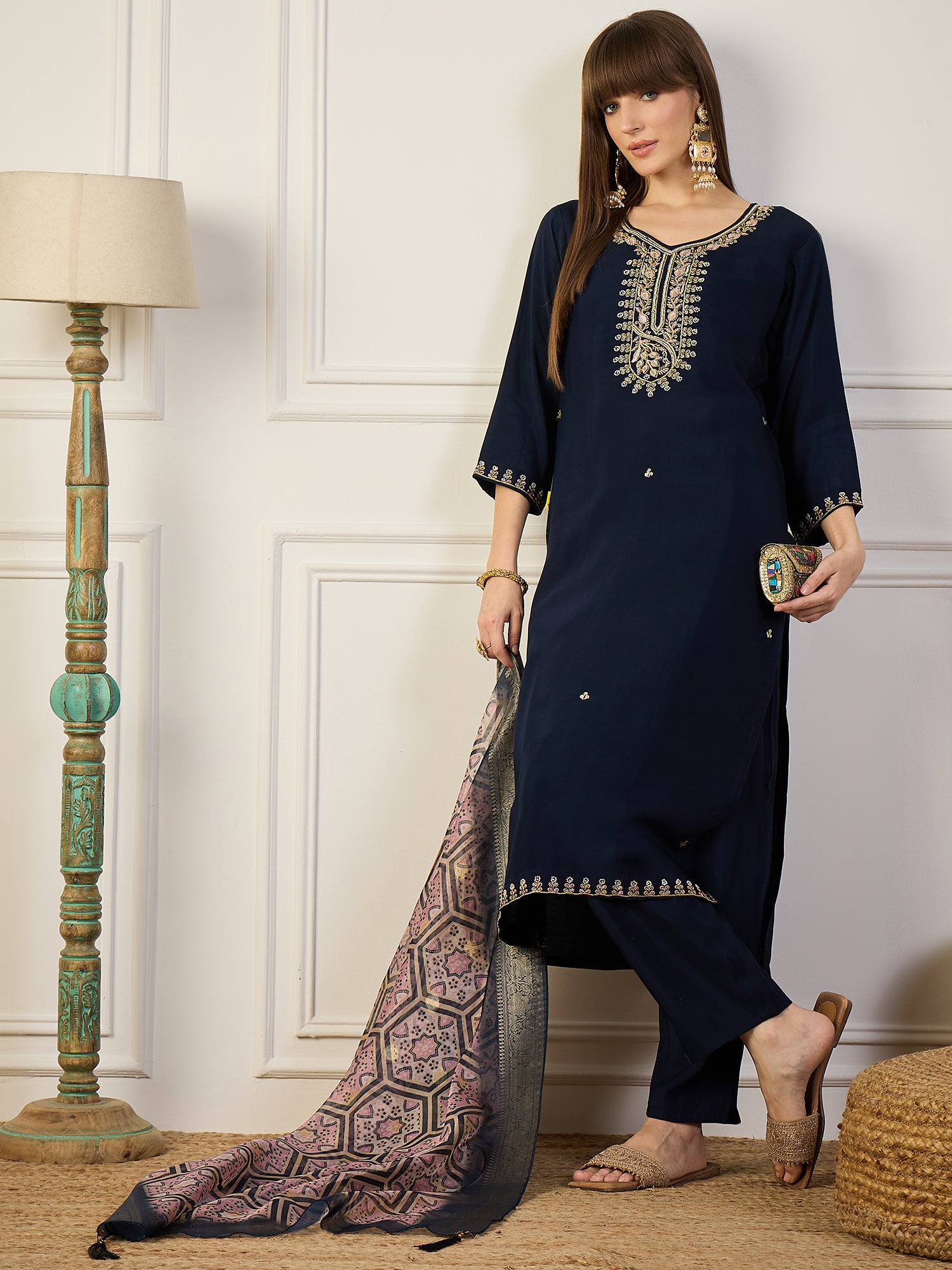 Abhiprithi Blue Embroidered Women Kurta Sets With Dupatta Straight Suits