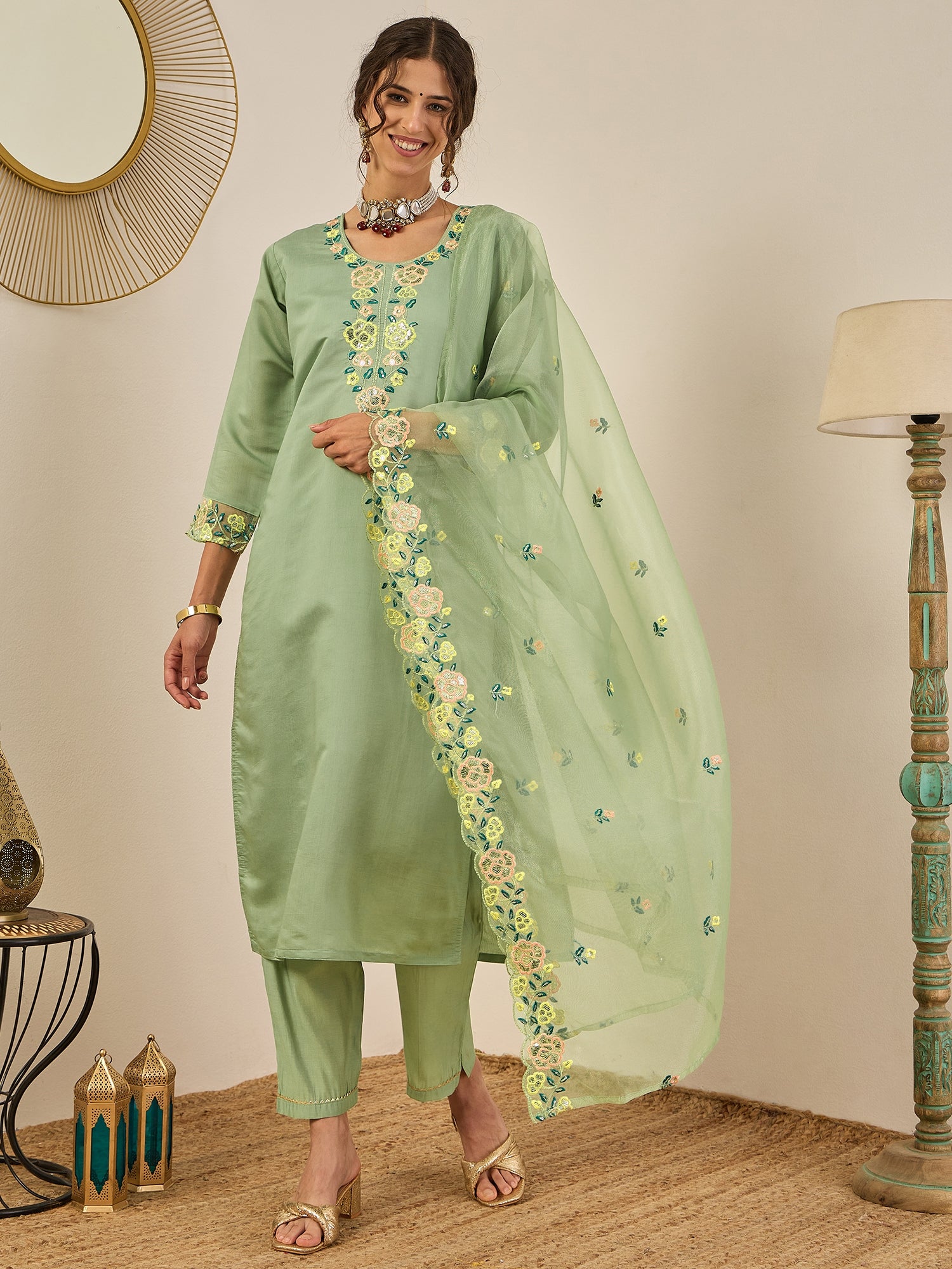 Shailee Women's Embroidered Viscose Roman Silk Kurta Pant Set with Organza Dupatta Elegant Lightweight Ethnic Wear
