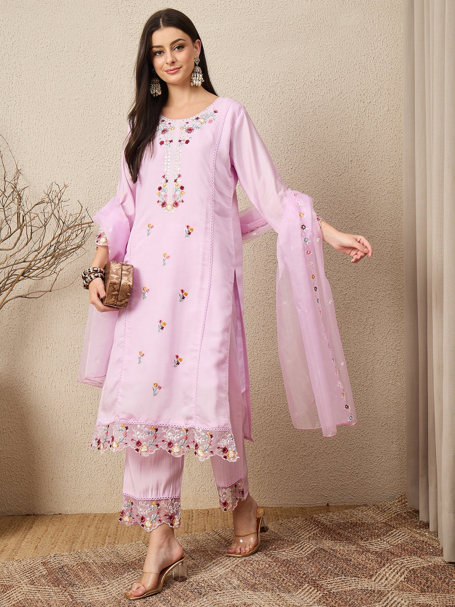 Nazaakat Lavender Women Silk Blend Kurta and Trousers Pant Set