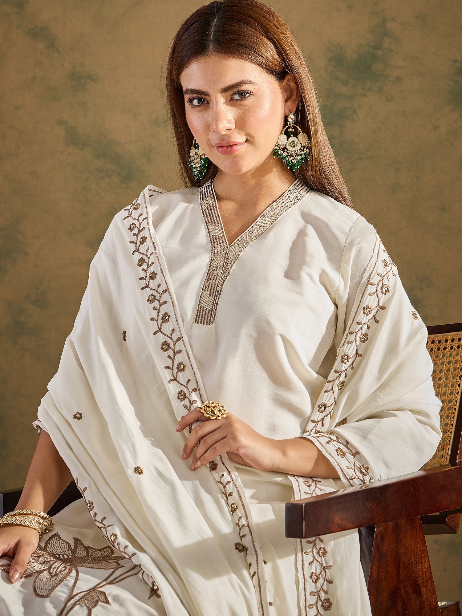 Vira White Kurta and Pant Dupatta Sets Silk Blend Fabrics with Embroidery