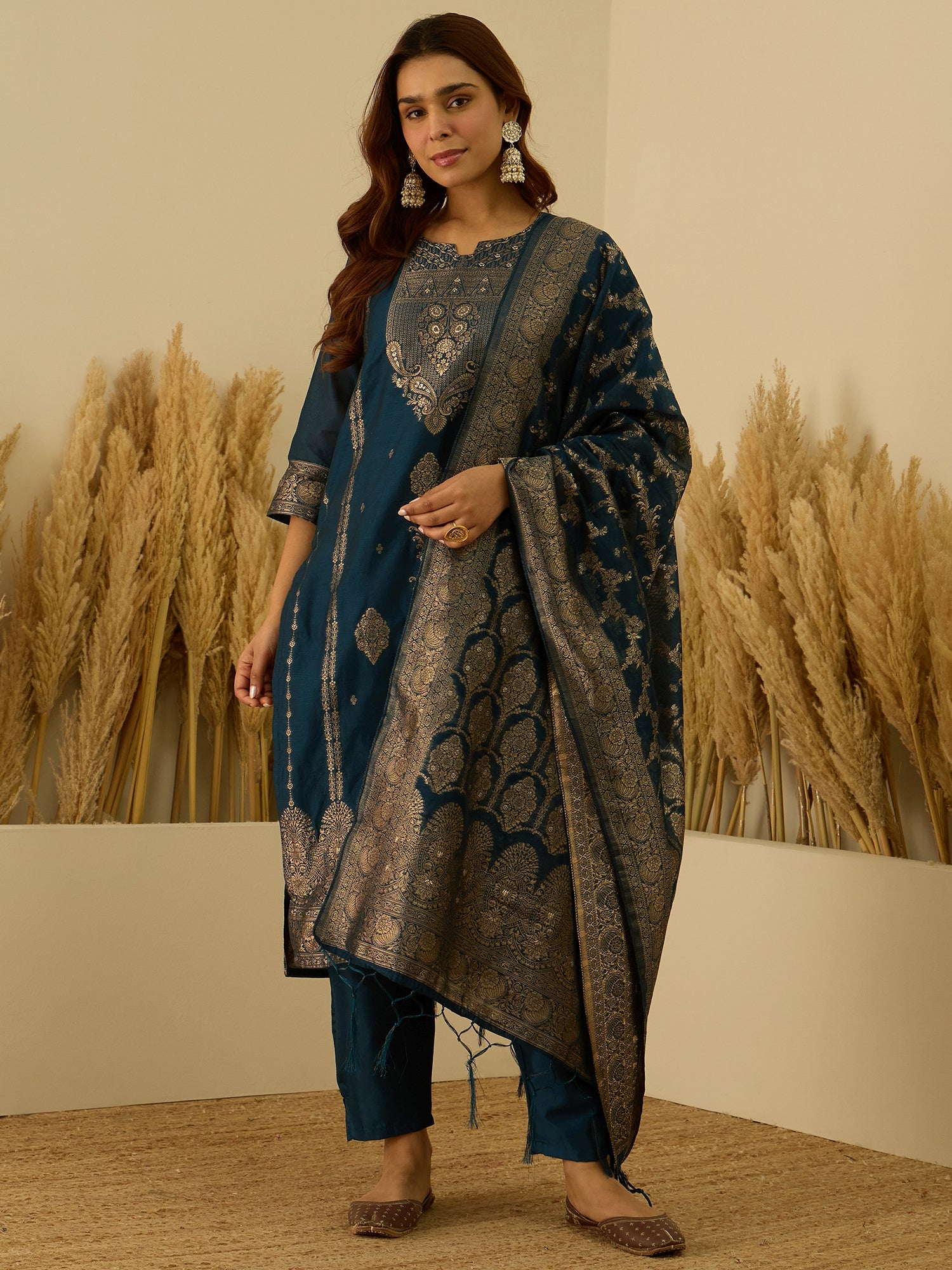 Aarambh Teal blue Women's Silk Blend Banarasi Jacquard Zari Woven Straight Kurta Pant with Dupatta Set