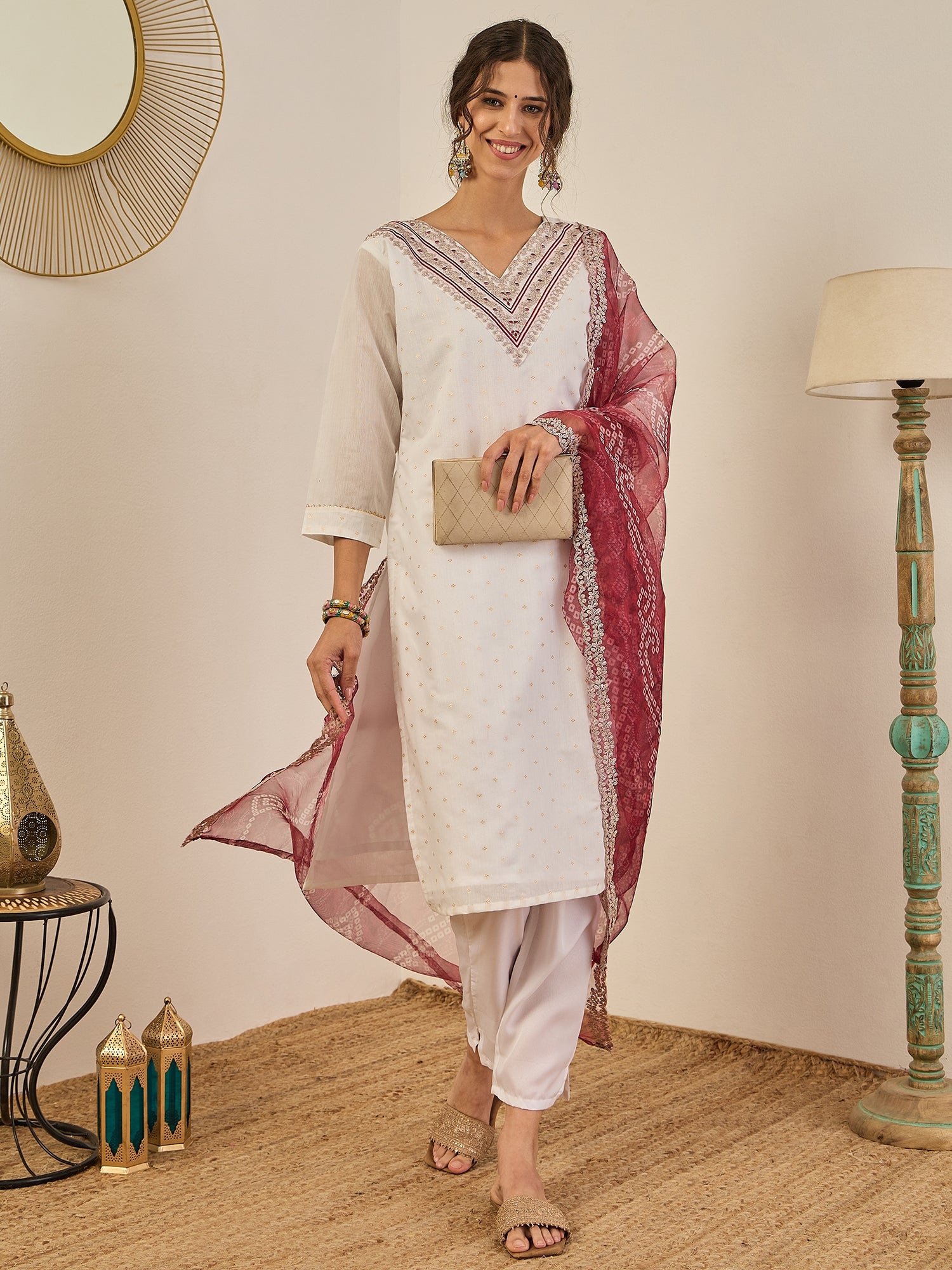 Divyaa Womens Chanderi Silk Kurta Pant Set with Embroidered Organza Dupatta Traditional Party Wear