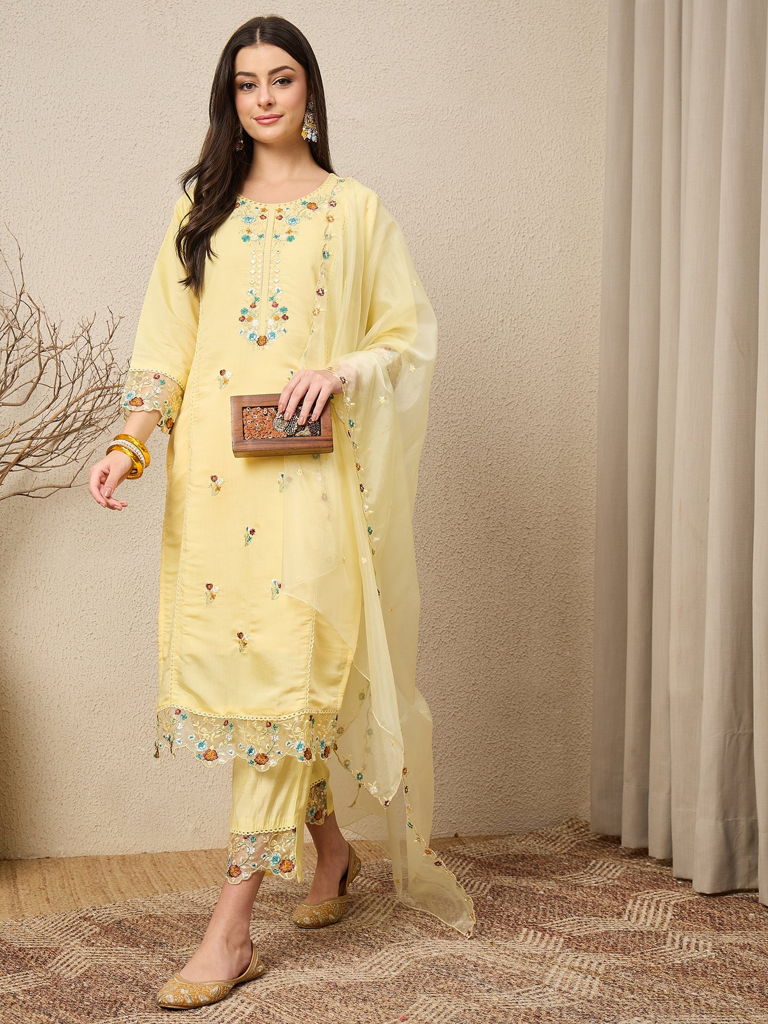 Panetar Yellow Women Silk Blend Kurta and Trousers Pant Set