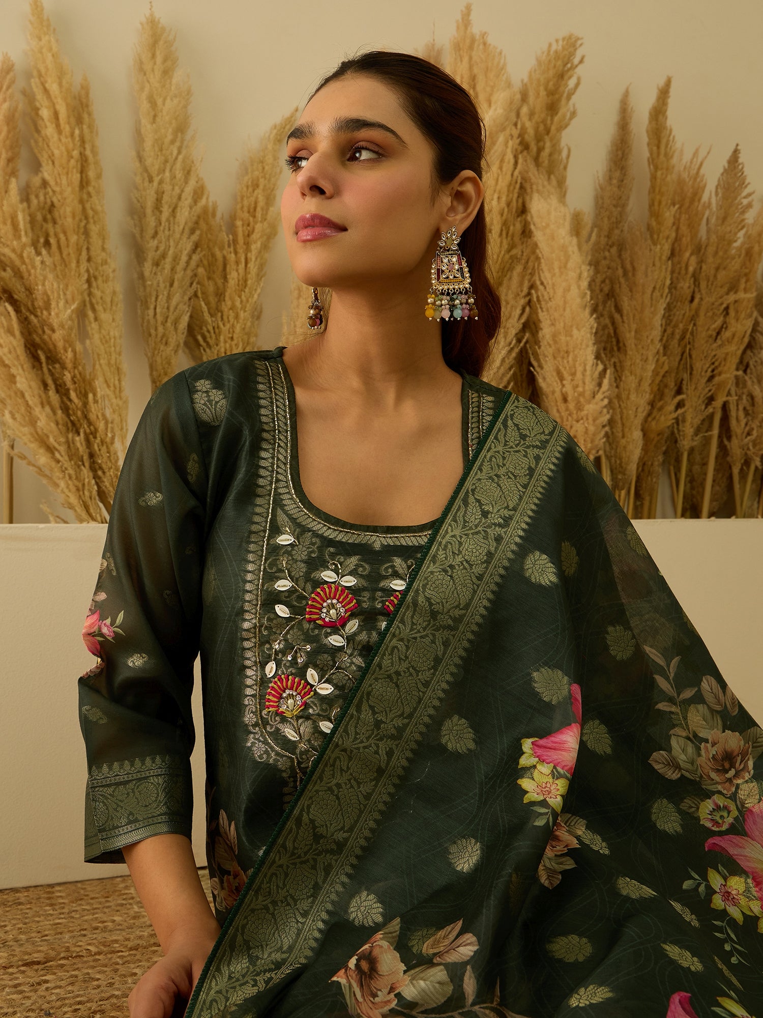 VredeVogel Green Silk Blend Embroidered Straight Kurta Set with Trousers & Dupatta