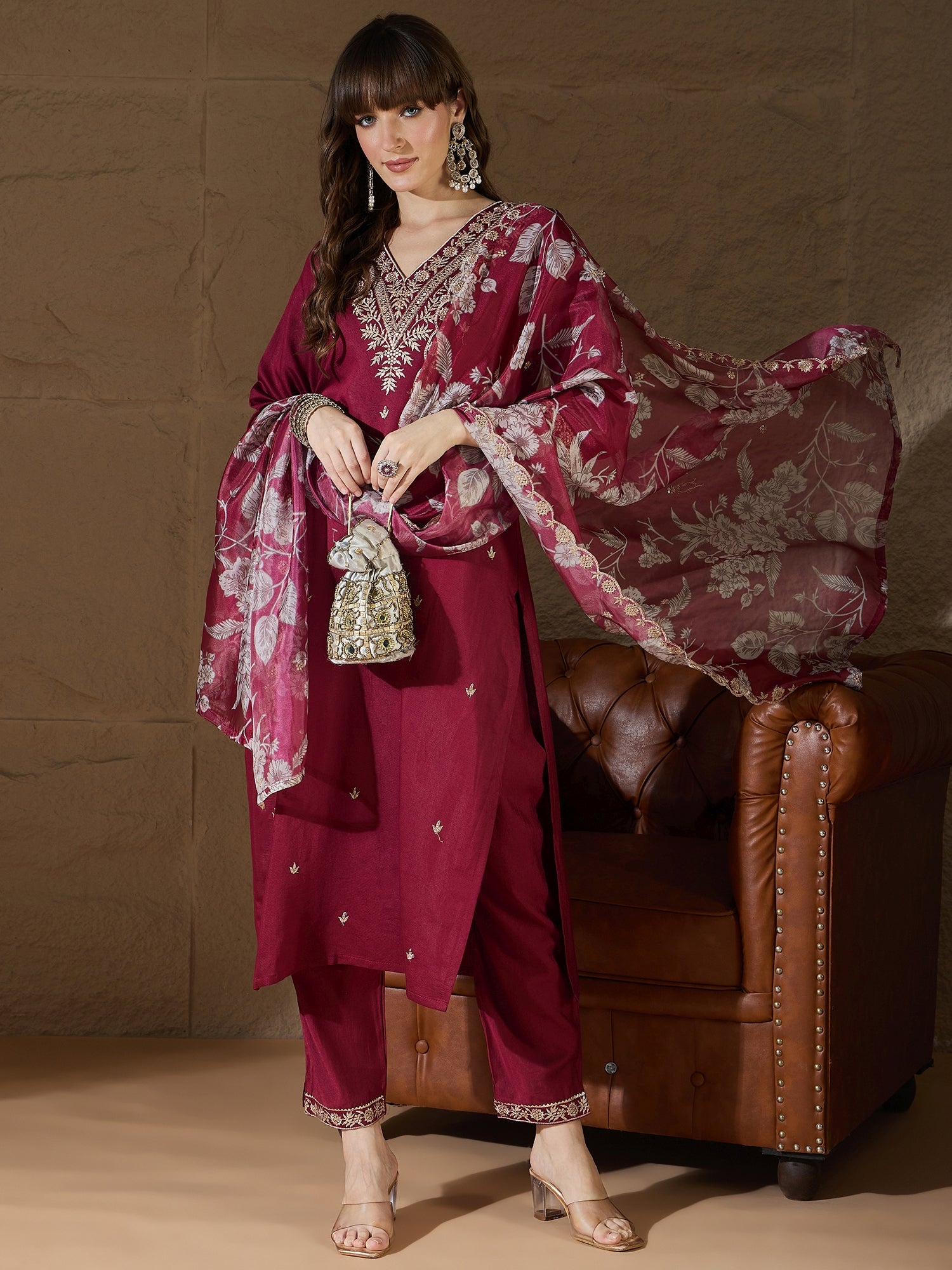 Chitra Charm Maroon Yoke Design Silk Blend Straight Suit With Dupatta