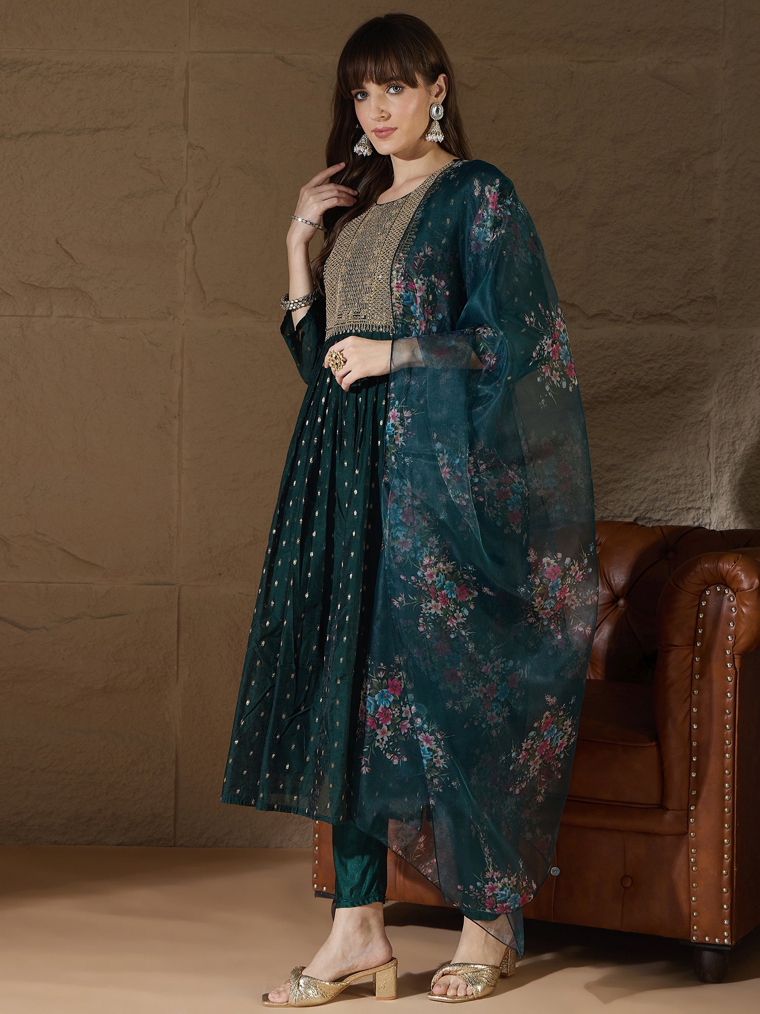 Neelangi Green Women Kurta and Leggings Duppata Set Chanderi Modal Butti