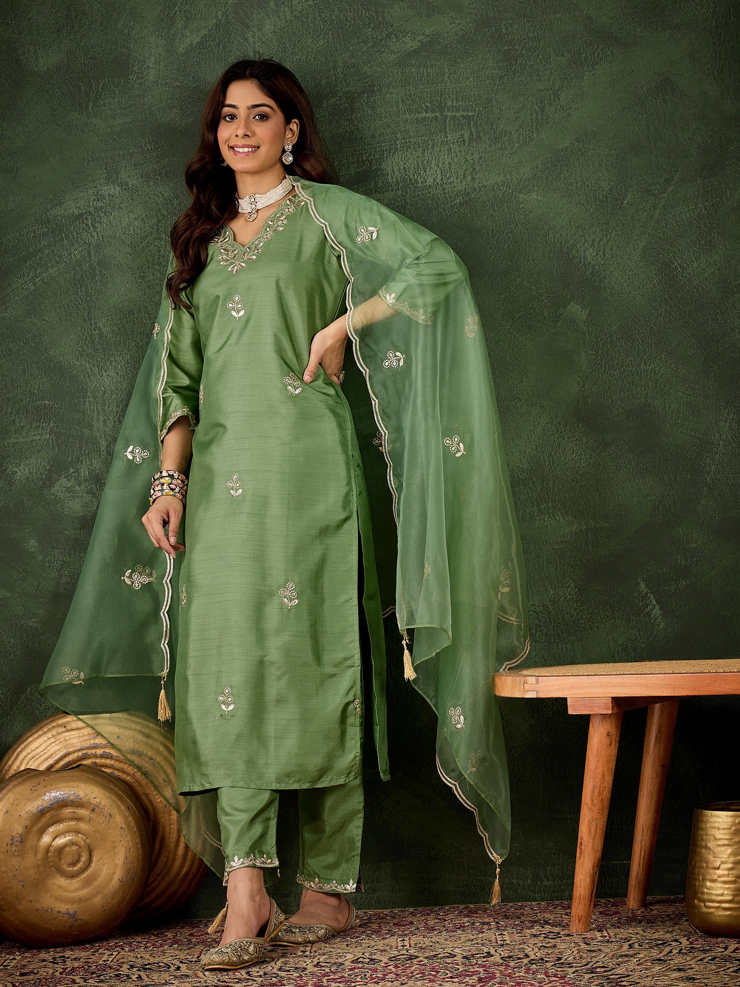 Riwaayat Women Kurta and Pant Dupatta Sets Silk Blend Fabrics with Embroidery