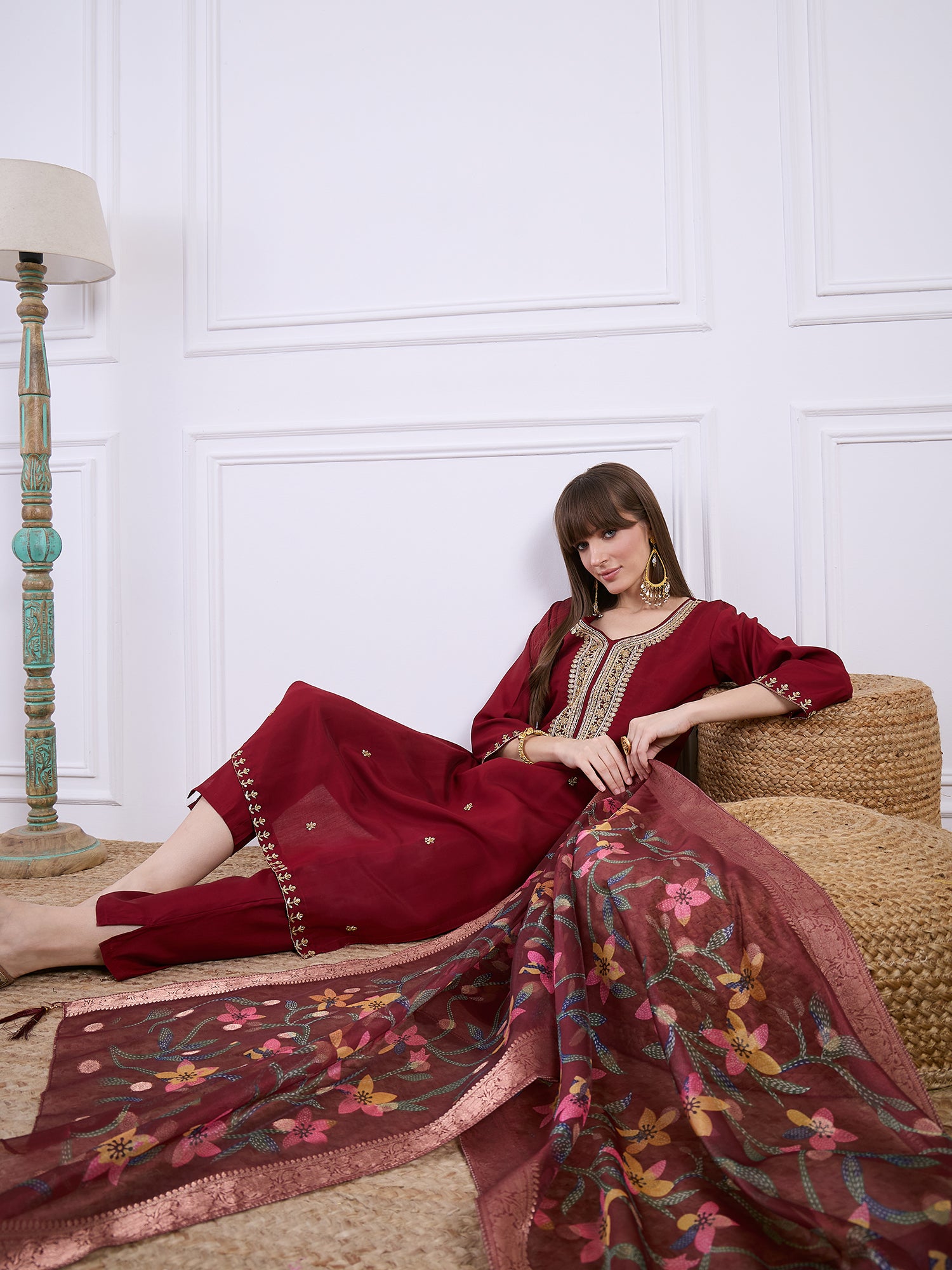 Bhuvika Beads Embroidered Maroon Women Kurta Sets With Dupatta Straight Suits