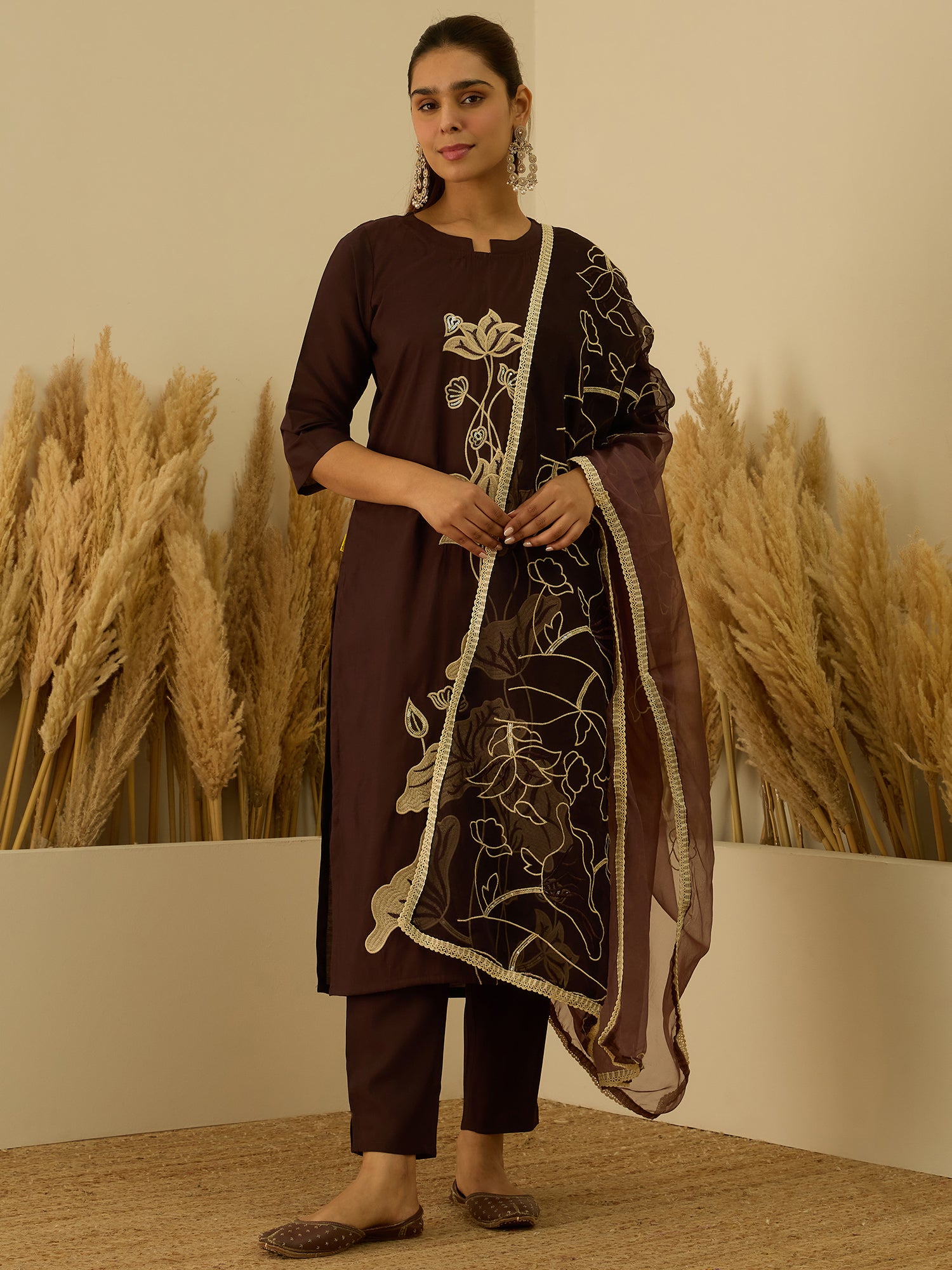VredeVogel Coffee Silk Blend Embroidered with Sequins Straight Kurta Set with Trousers & Dupatta